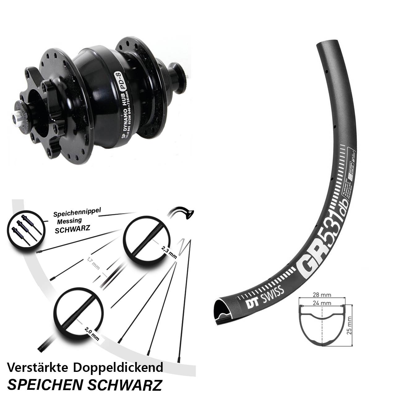 Vorderrad 27,5 Zoll DT Swiss GR 531 DB Shutter Precision PD-8 Nabendynamo 6-Loch