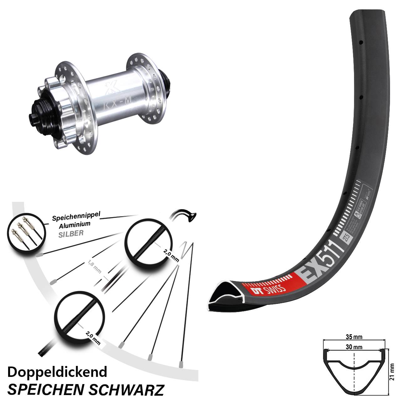 27,5 Zoll DT Swiss EX 511 Disc KX-M 6-Loch Vorderrad QR