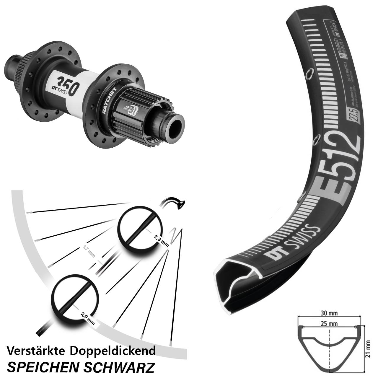 Hinterrad 27,5 Zoll DT Swiss E 512-350 Ratchet 36 Micro Spline 12x148 Boost