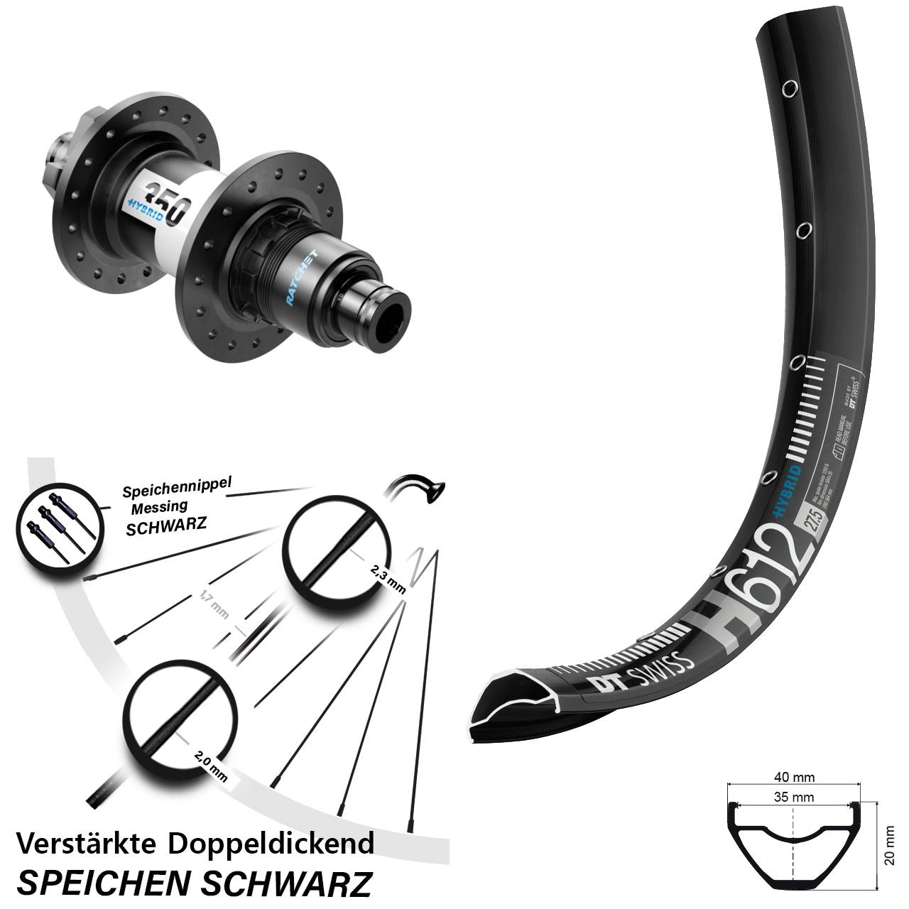 27,5 Zoll DT Swiss H 612-350 Hybrid Disc Hinterrad 12x148 SRAM XD
