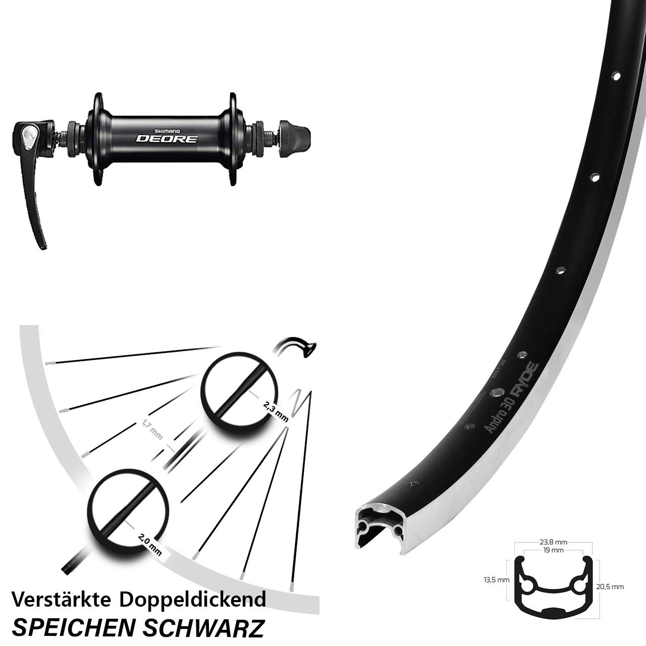 Vorderrad 26 Zoll Ryde Andra 30 Shimano Deore QR