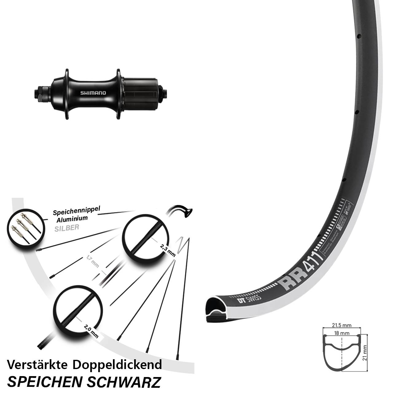 28 Zoll DT Swiss RR 411 OS Shimano Sora FH-RS300 Hinterrad für Schnellspanner 8-11 fach