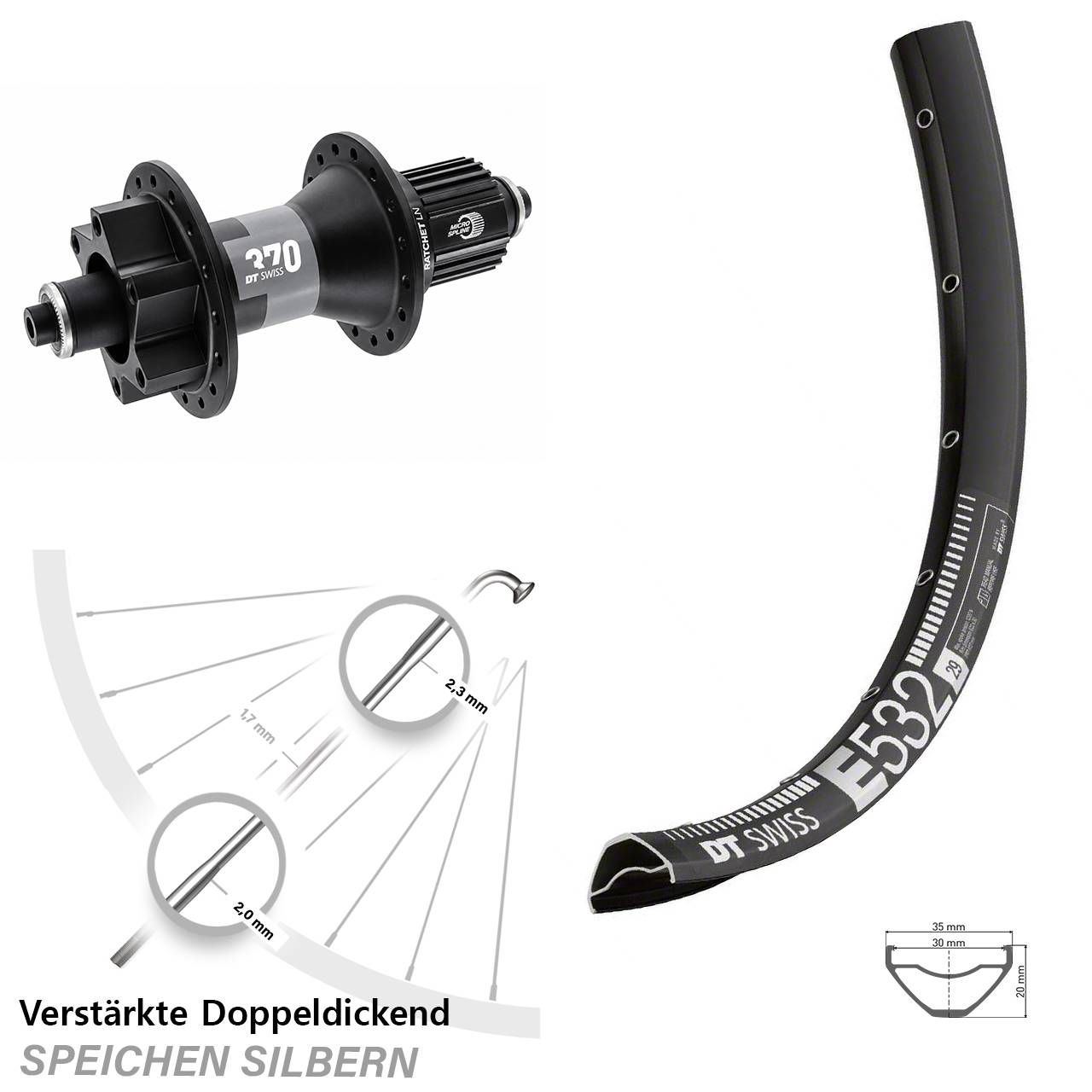 29 Zoll DT Swiss E 532-370 Hybrid Hinterrad 6-Loch Disc QR Shimano Micro Spline