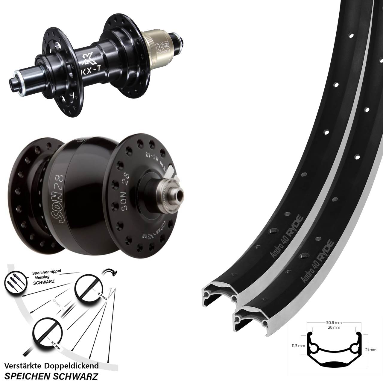 Ryde Andra 40 KX-T SON 28 26 Zoll Laufradsatz für Schnellspanner XD 11-12 fach