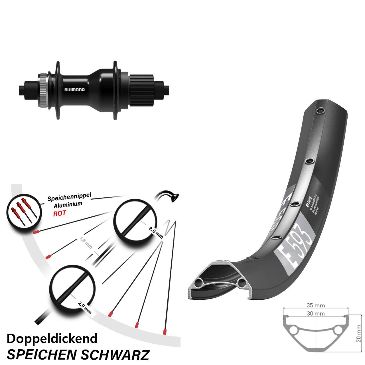 Disc Laufrad 650B DT Swiss E593 Shimano FH-QC500 Micro Spline für Schnellspanner