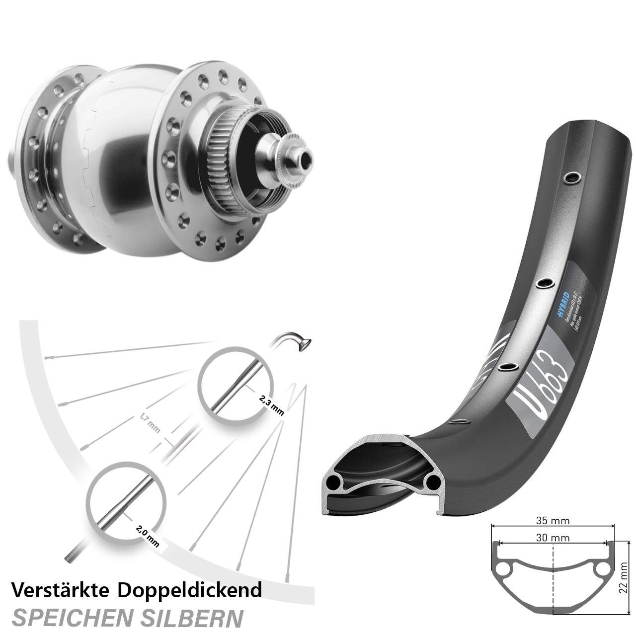 Nabendynamo-Vorderrad Centerlock 20 Zoll DT Swiss U 663 SON 28 für Schnellspanner