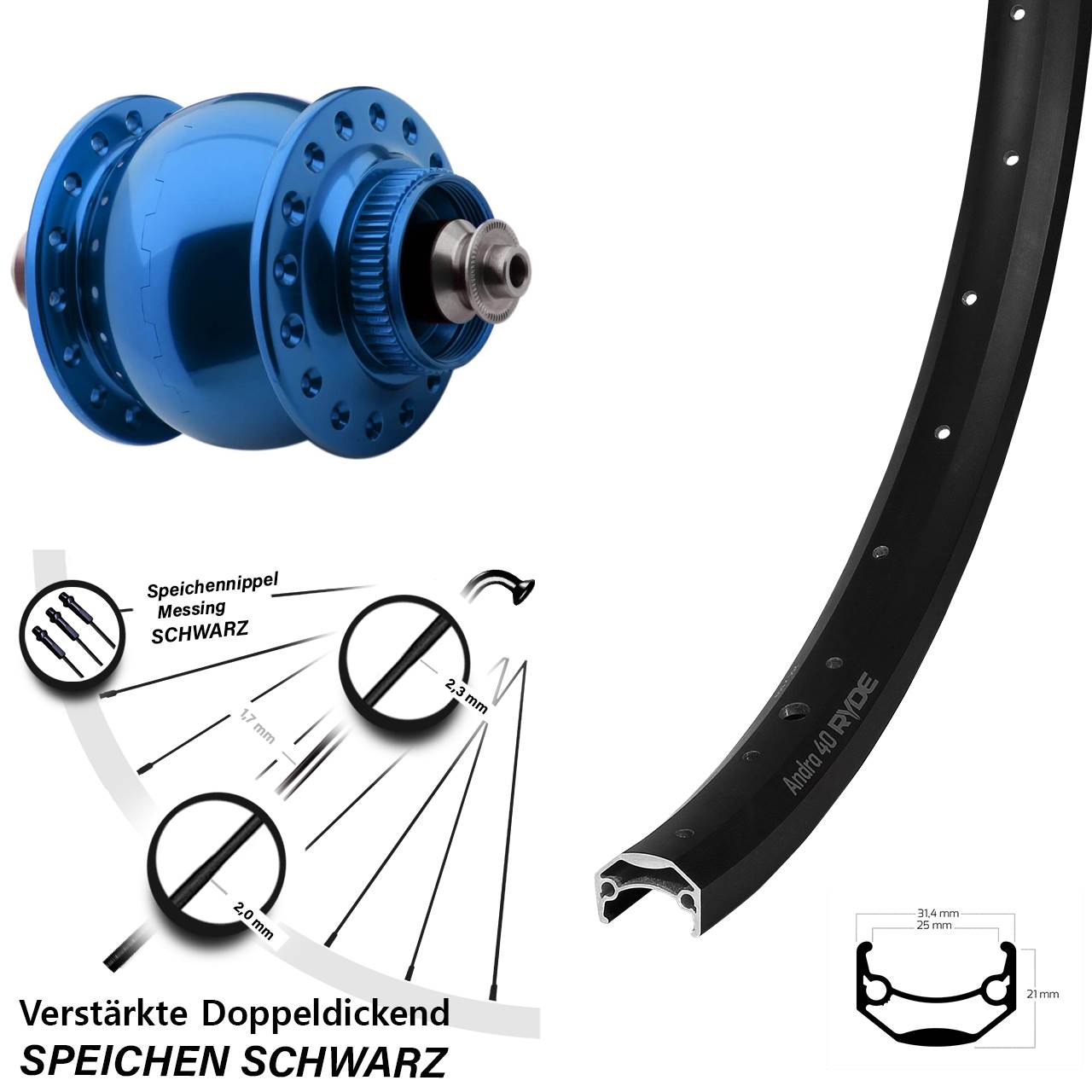 SON 28 blau Ryde Andra 40 Disc 20 Zoll Laufrad mit Nabendynamo QR