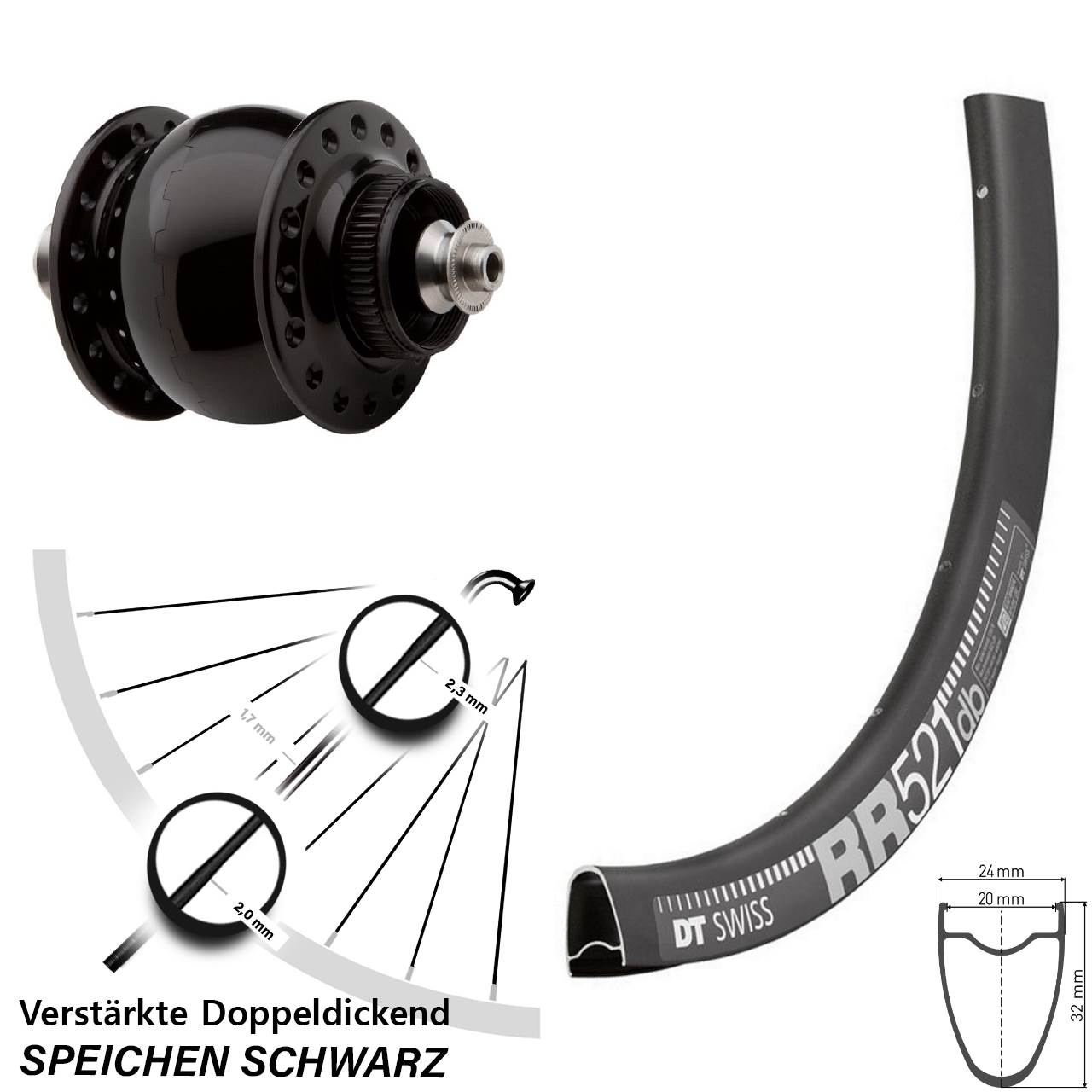 Disc Nabendynamo-Laufrad DT Swiss RR521 SON 28 Zoll für Schnellspanner