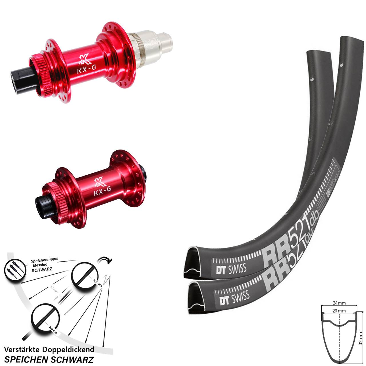 28 Zoll DT Swiss RR 521 Disc Laufradsatz 15x100/12x142 KX-G rot SRAM XDR