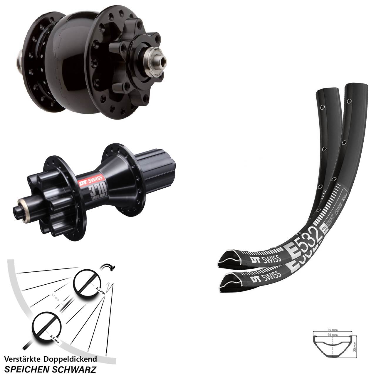 6-Loch Laufradsatz 27,5 Zoll DT Swiss E532 DT Swiss 370 Hybrid SON 28 8-11 fach QR