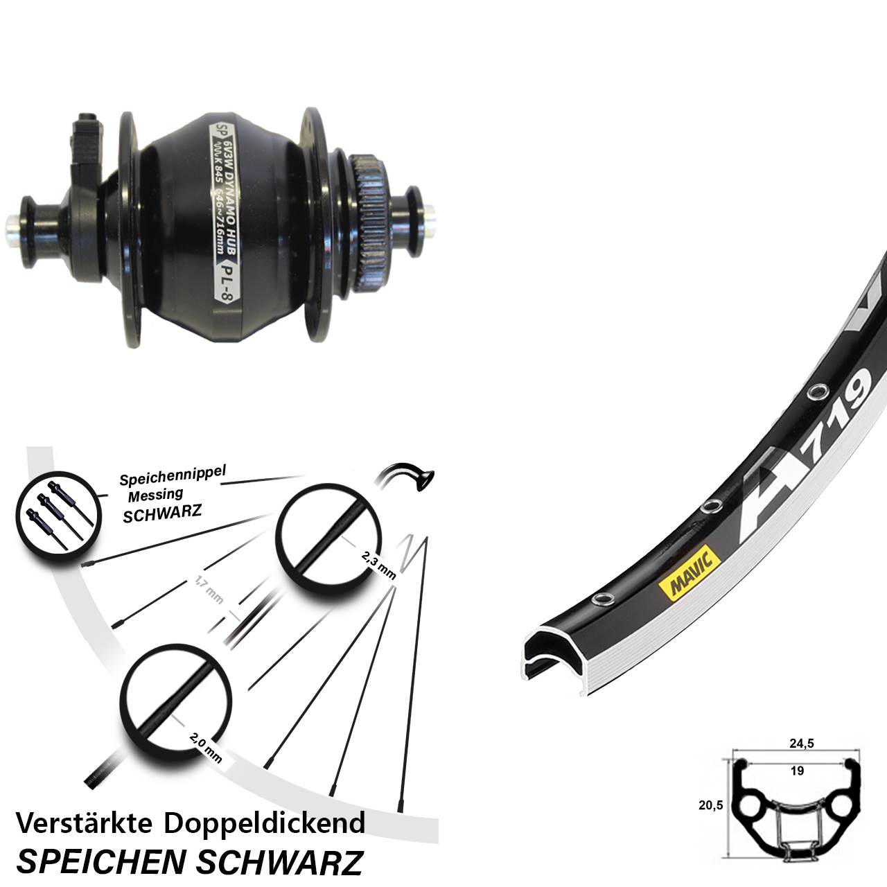 Nabendynamovorderrad QR 28 Zoll Mavic A 719 Shutter Precision PL-8