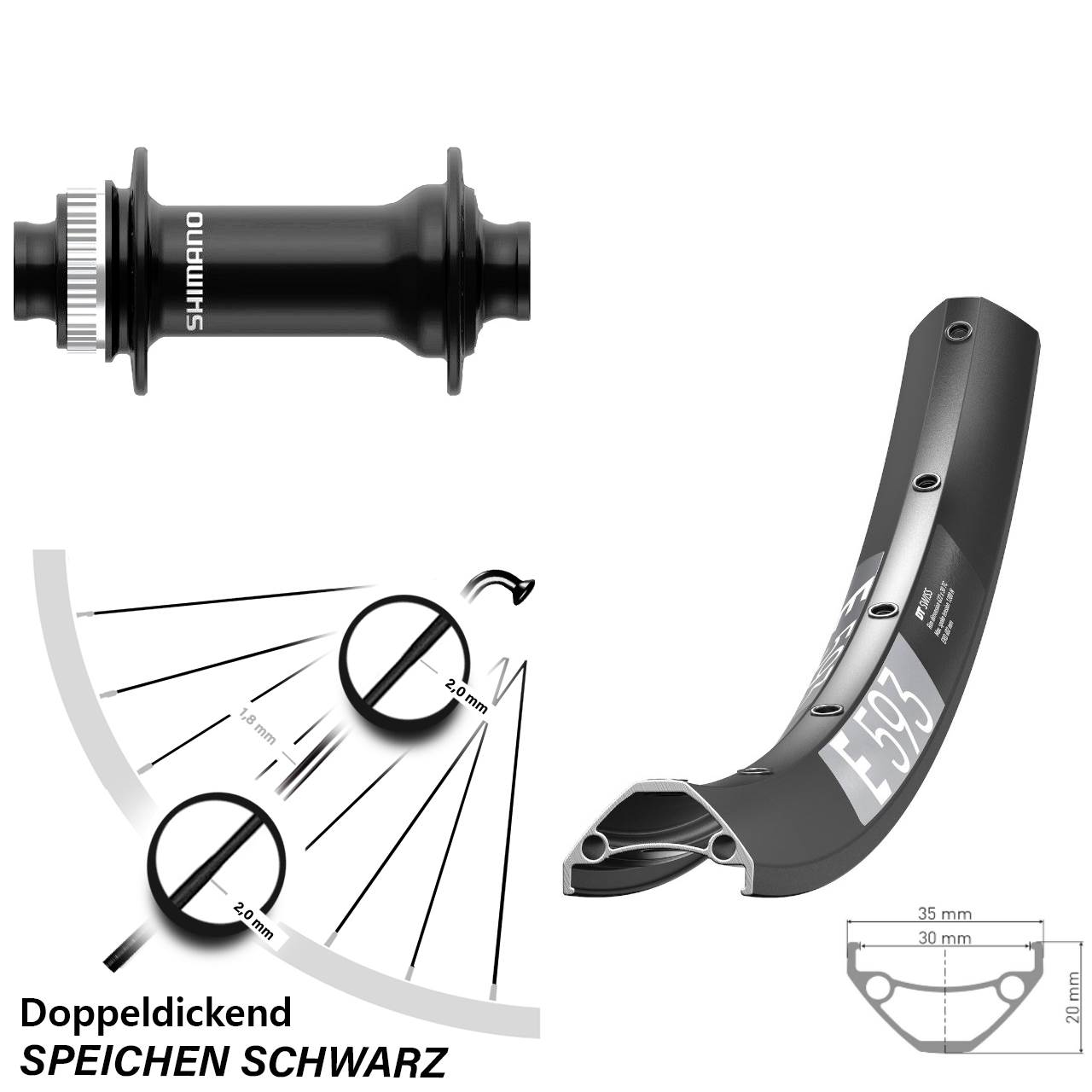 26 Zoll DT Swiss E593 Shimano HB-MT410-B Vorderrad Centerlock 15x110 Boost