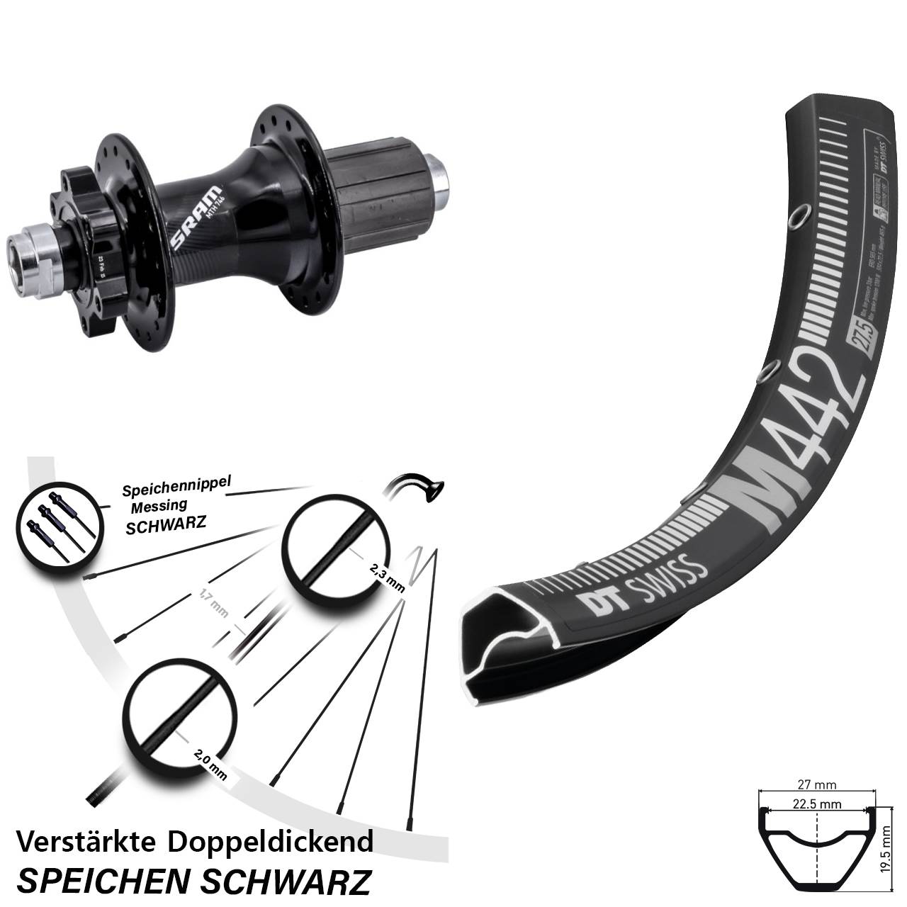 6-Loch Hinterrad 12x148 29 Zoll DT Swiss M442 Sram 746 8-11 fach HG