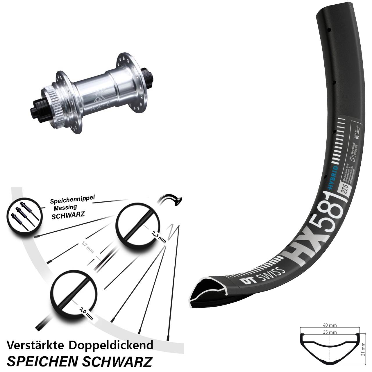 DT Swiss HX581 KX-E 27,5 Zoll Centerlock Vorderrad QR