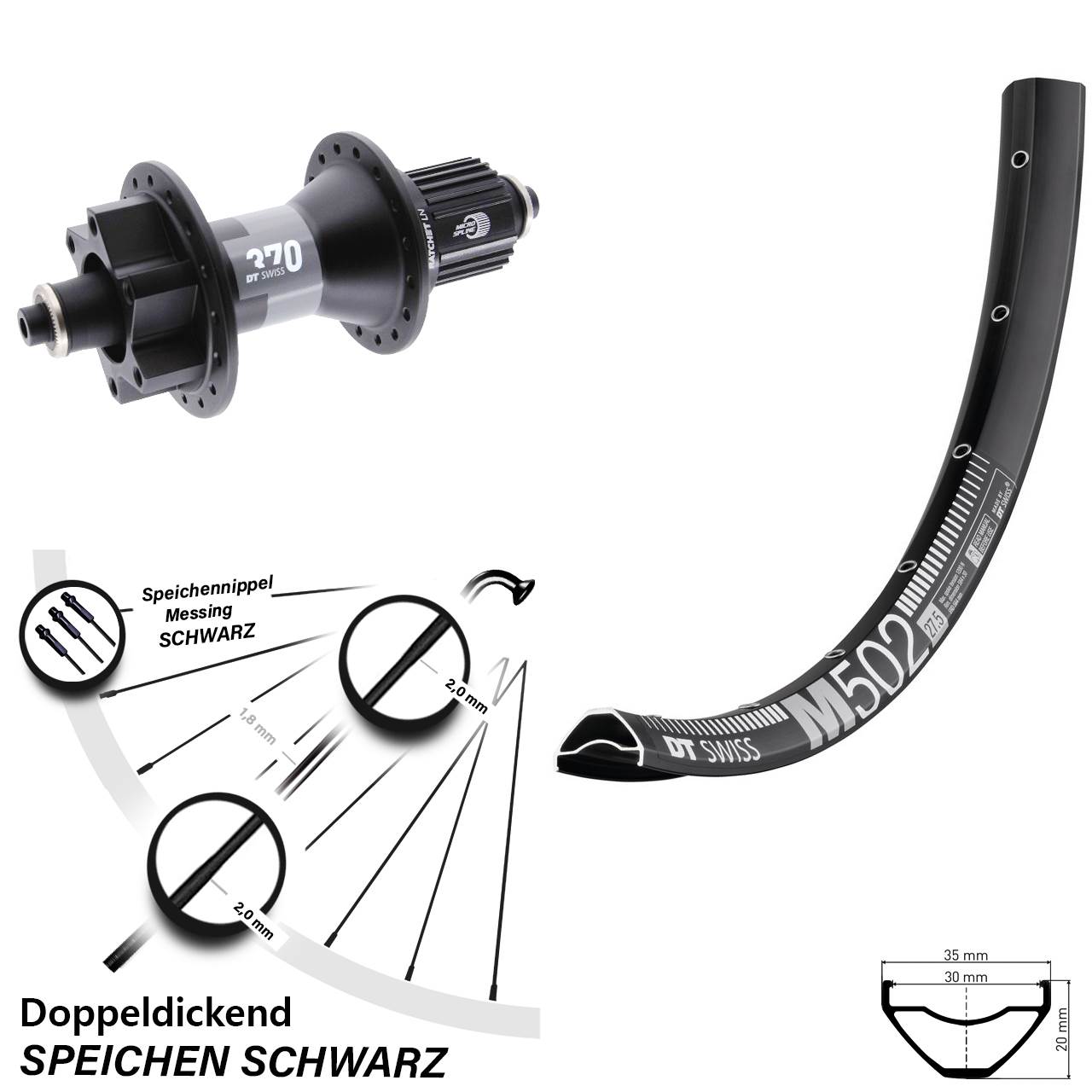 29 Zoll DT Swiss M 502 370 Boost 6-Loch Hinterrad QR Micro Spline