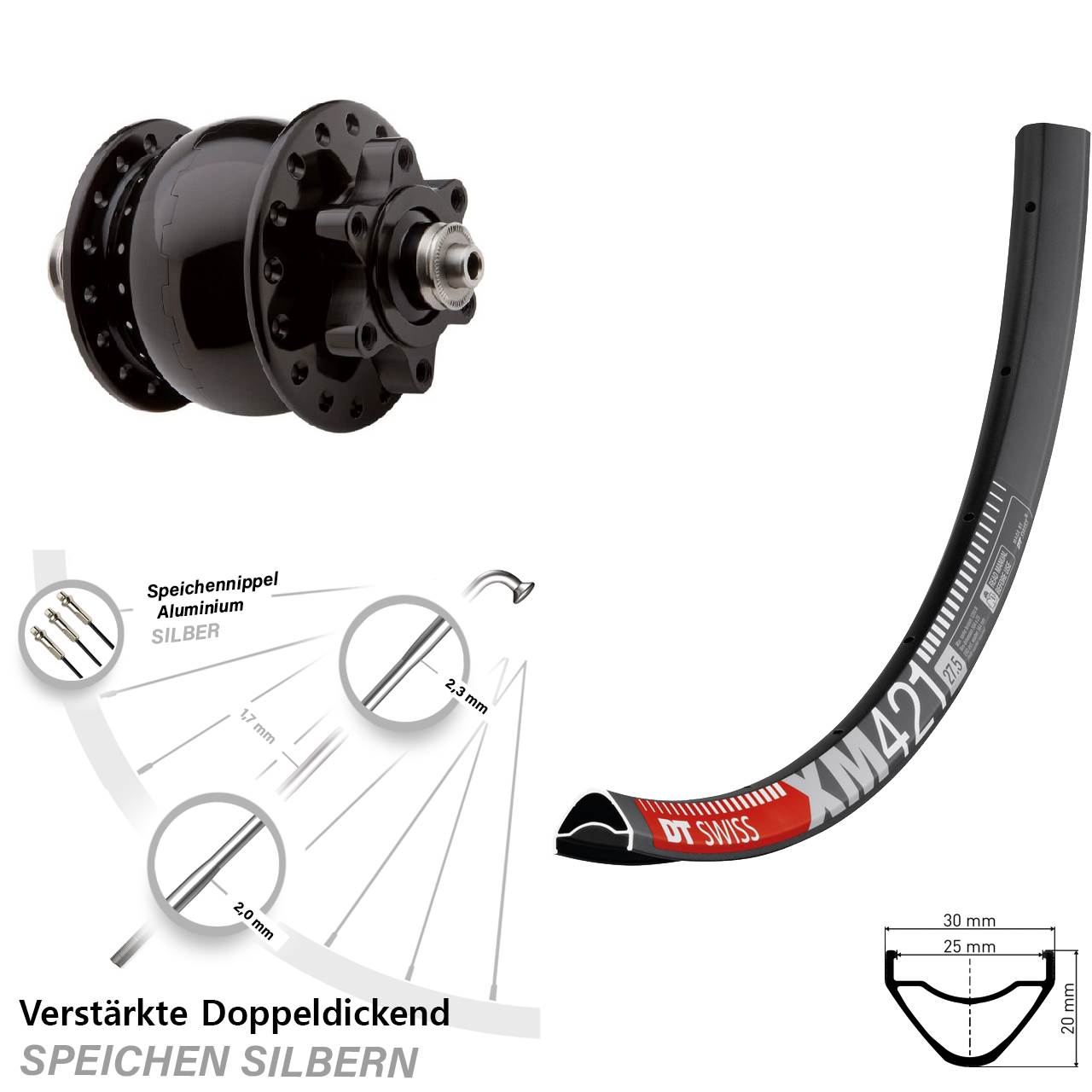 29 Zoll DT Swiss XM421 SON 28 6-Loch Nabendynamovorderrad für Schnellspanner