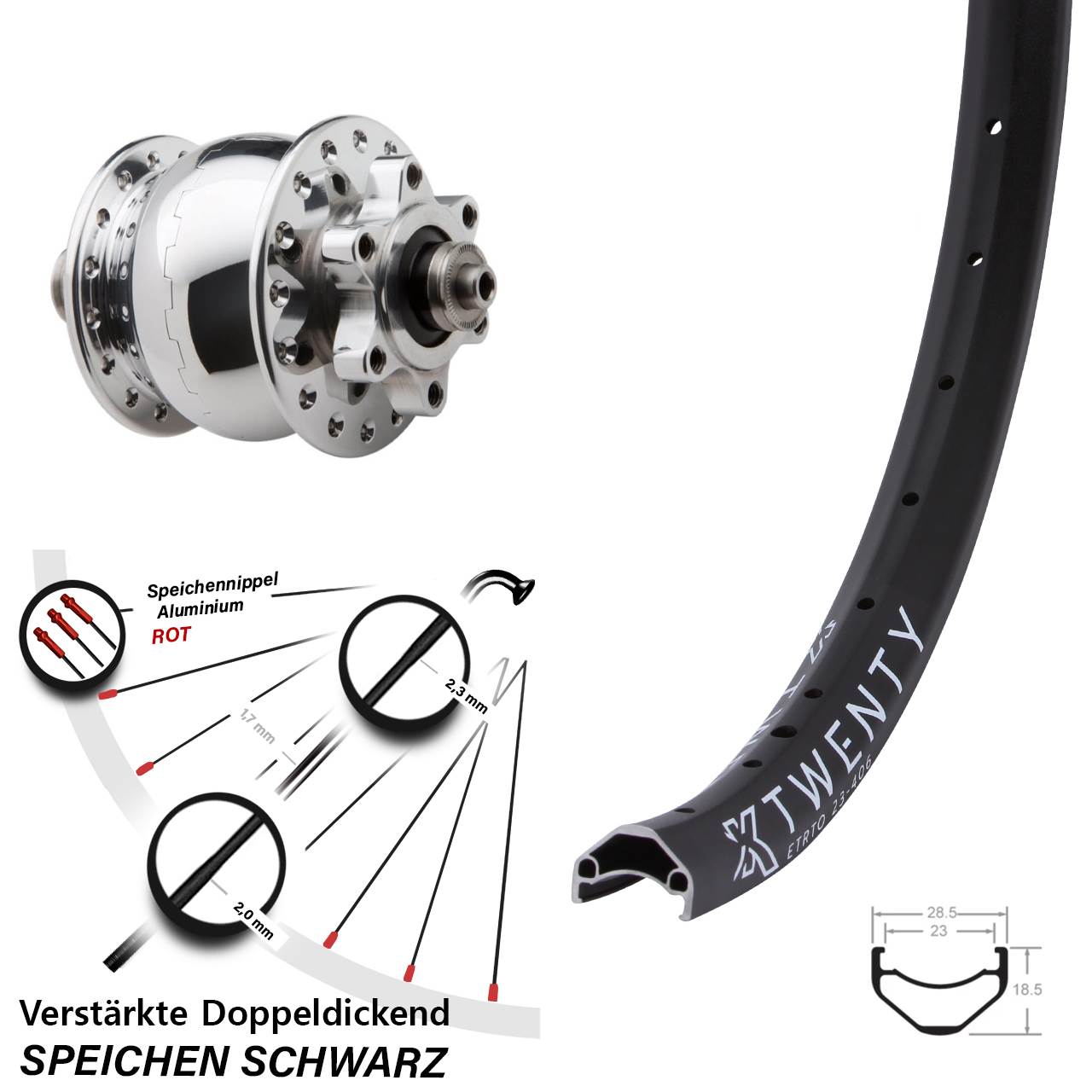 Vorderrad mit Nabendynamo SON 28 Disc 6-Loch silbern poliert KX Twenty 20 Zoll