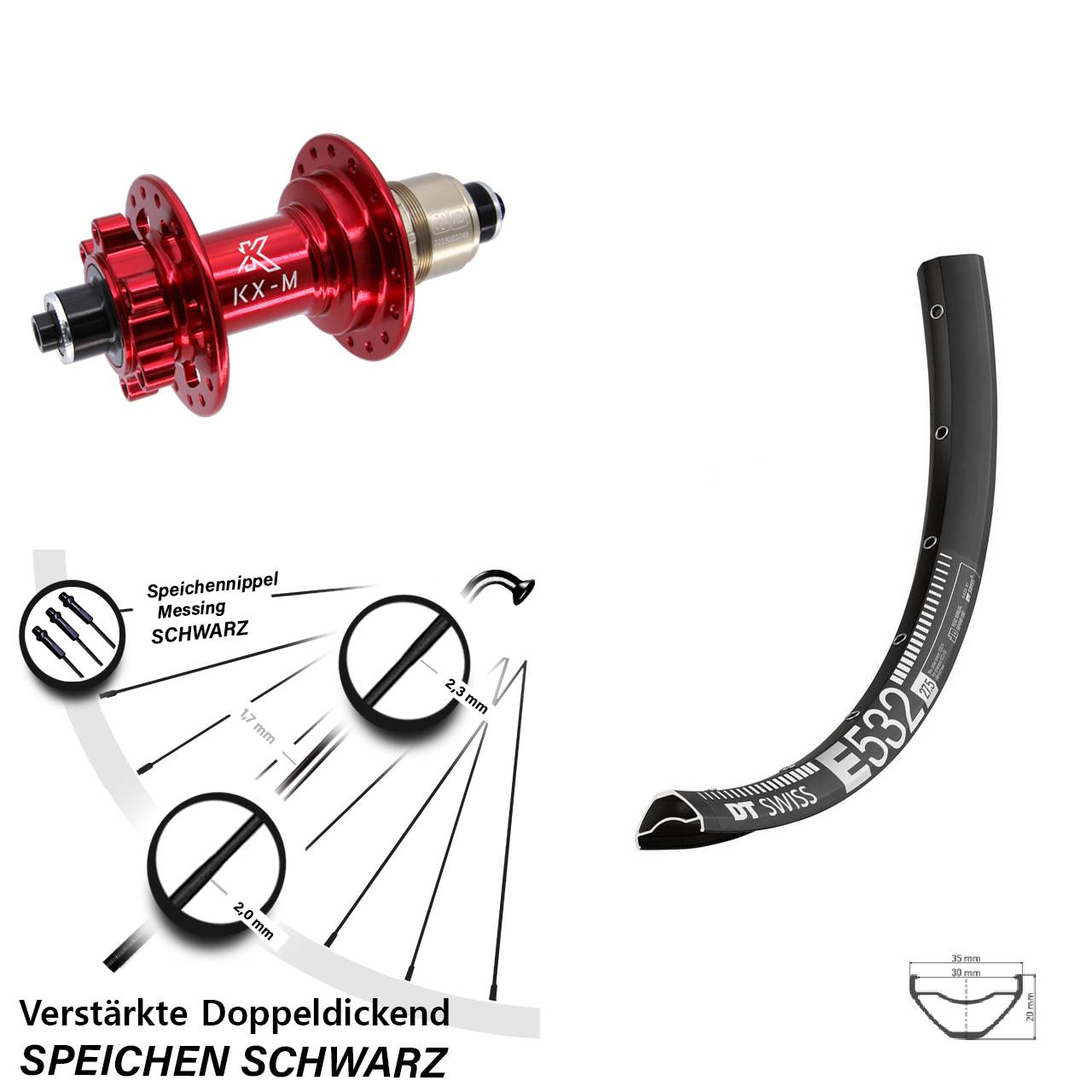Hinterrad 6-Loch 27,5 Zoll DT Swiss E532 KX-M rot XD für Schnellspanner