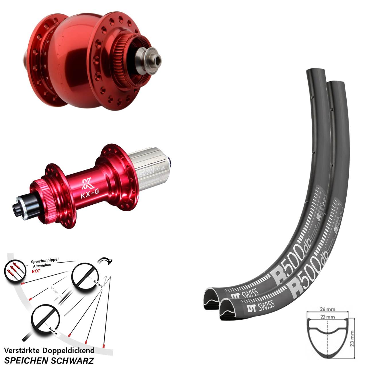 Laufrad-Satz KX-G rot SON 28-29 Zoll DT Swiss R 500 8-12 fach für Schnellspanner