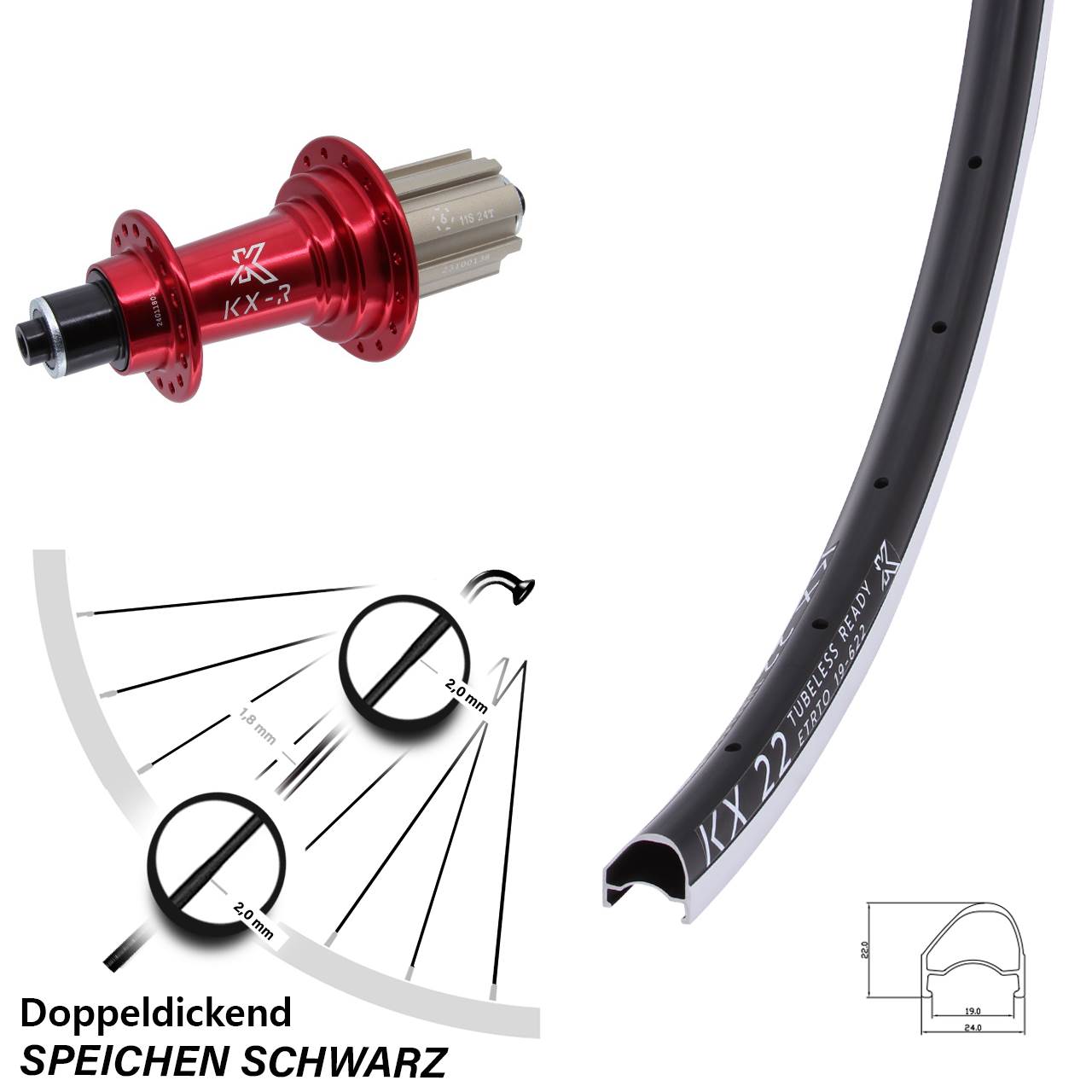 Hinterrad 28 Zoll KX 22 OS KX-R rot Campa 8-12 fach QR