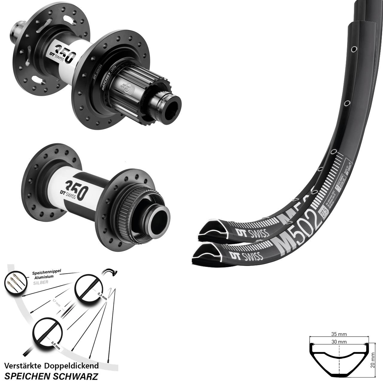 DT Swiss M502 350 DEG72 27,5 Zoll Centerlock Laufradsatz 15x110 12x148 Micro Spline