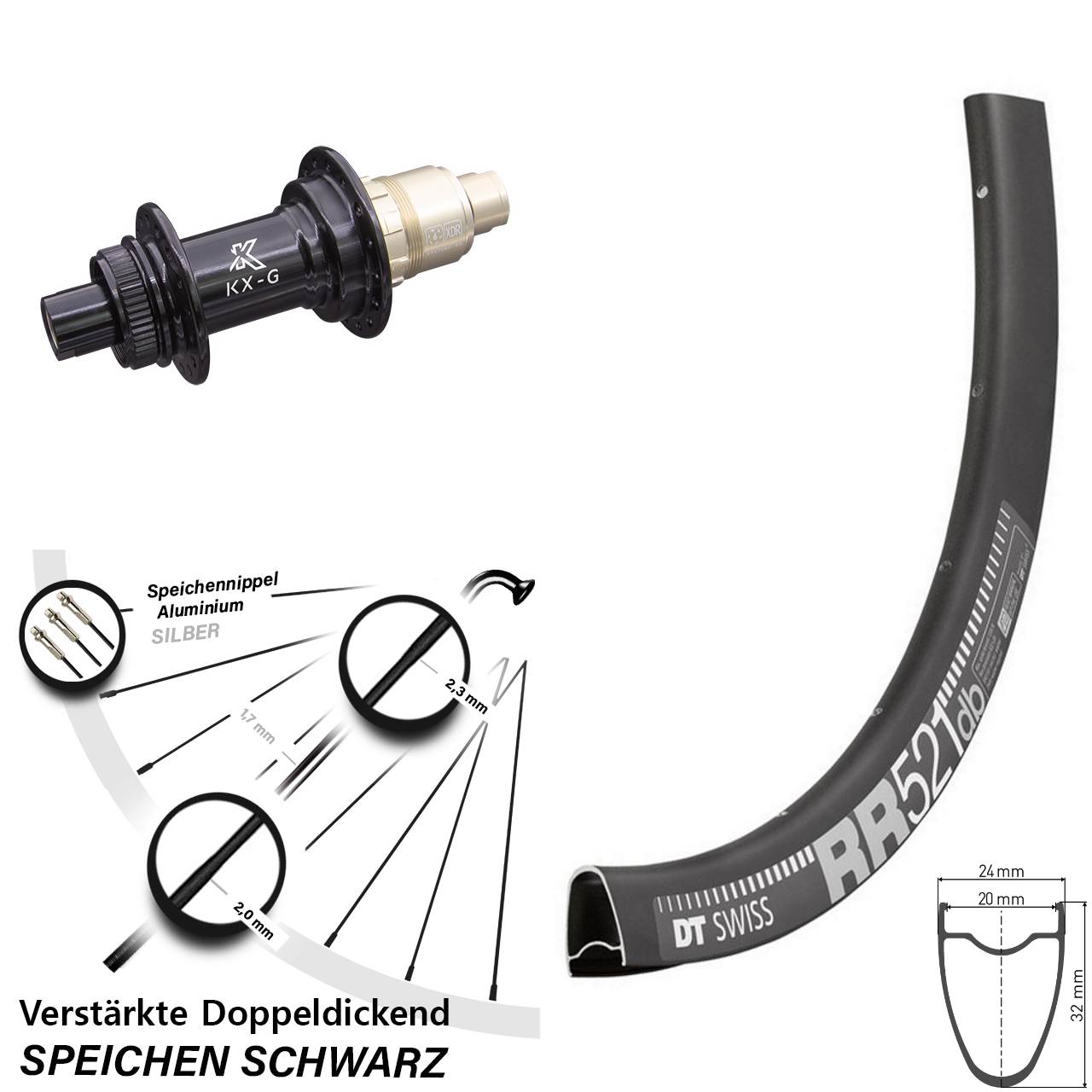 28 Zoll DT Swiss RR 521 KX-G Hinterrad Centerlock 12x142 XDR