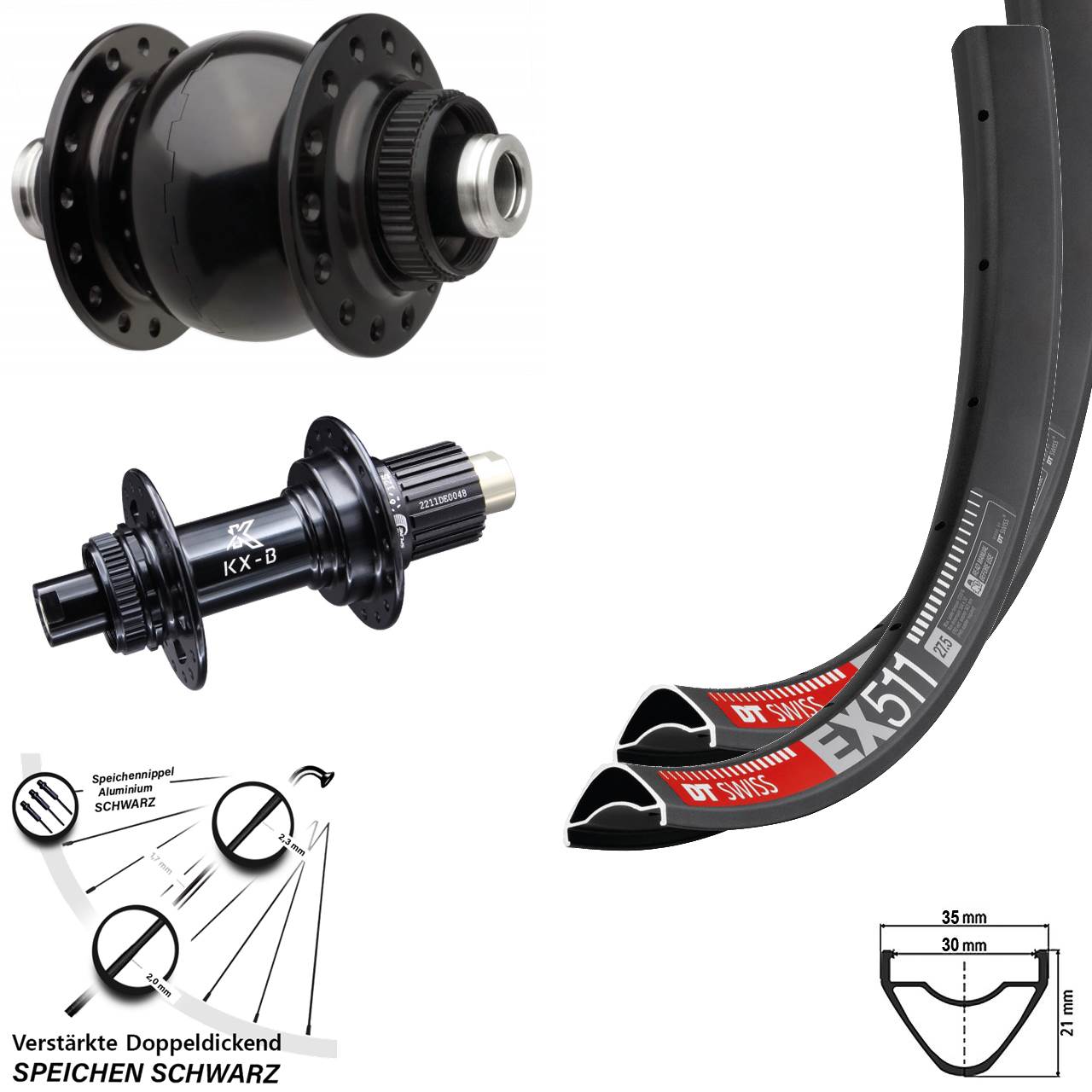 Disc Laufradsatz 27,5 Zoll DT Swiss EX511 KX-B SON 28 Micro Spline 12x110/148 Boost
