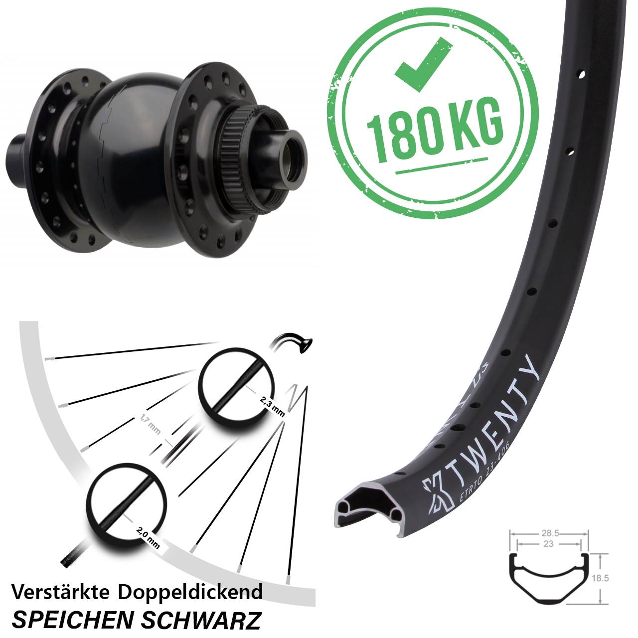 20 Zoll KX Twenty SON 28 Centerlock Vorderrad mit Nabendynamo 15x110 Boost