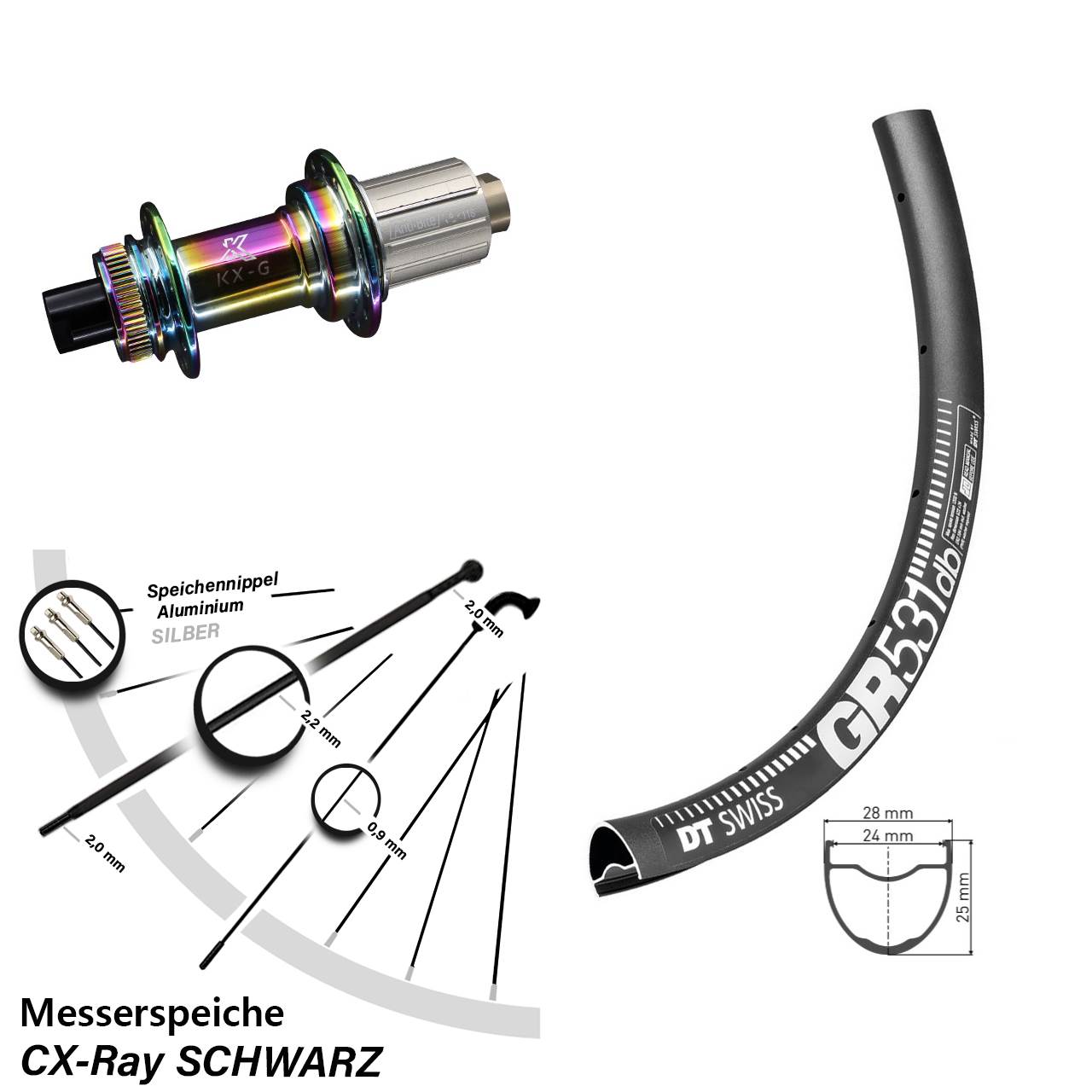 Disc Laufrad 12x142 28 Zoll DT Swiss GR531 KX-G Oilslick 8-12 fach HG CX-Ray
