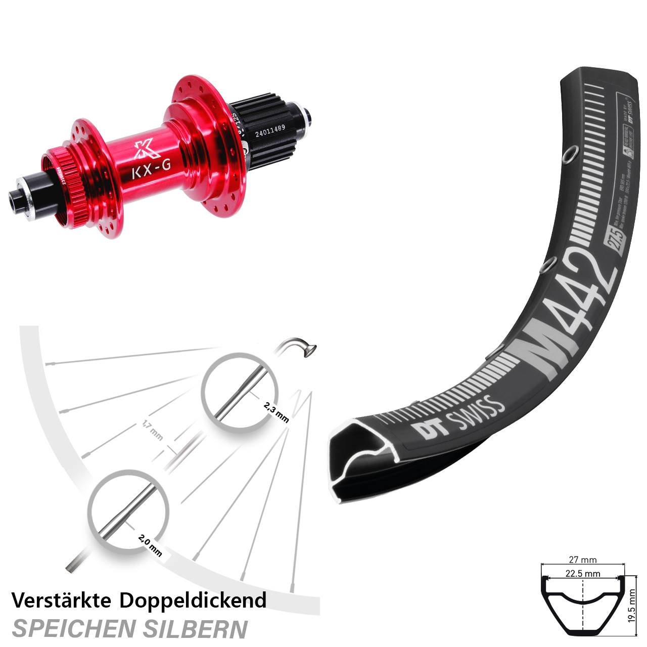 Hinterrad Centerlock 28-29 Zoll DT Swiss M 442 KX-G rot Micro Spline QR
