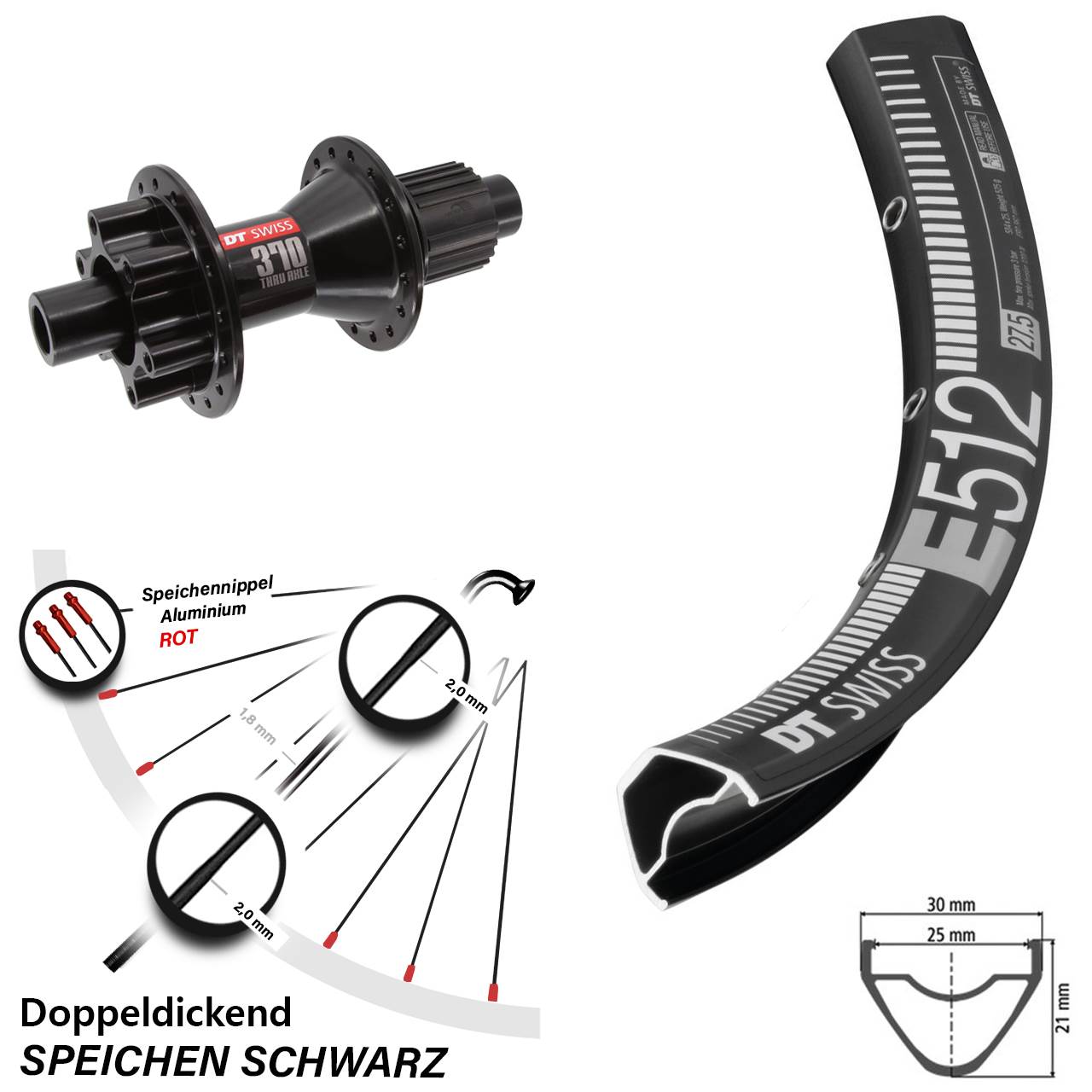 6-Loch Hinterrad 29 Zoll DT Swiss E 512-370 Hybrid Micro Spline 12x142