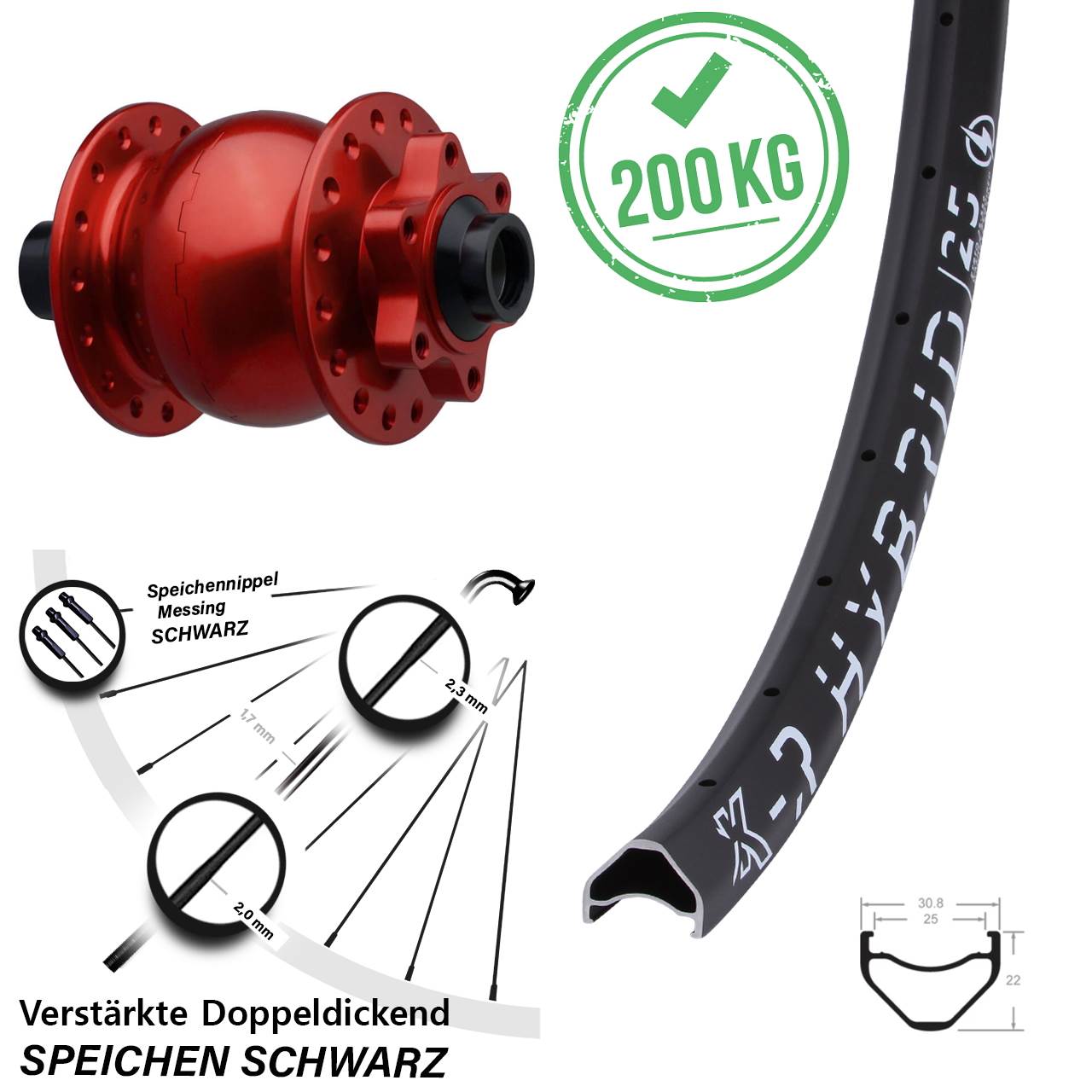 Disc Vorderrad mit Nabendynamo 27,5 Zoll KX-R Hybrid 25 SON 28 rot 15x110 Boost