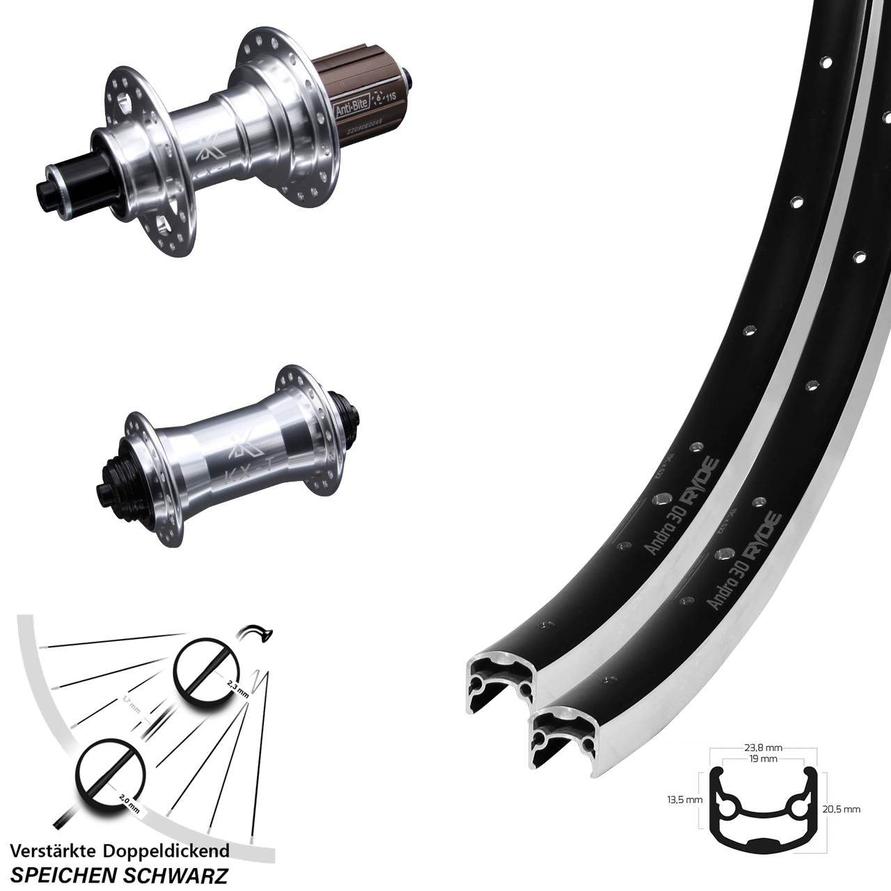 28 Zoll Ryde Andra 30 KX-T verstärkt Laufradsatz QR 8-12 fach