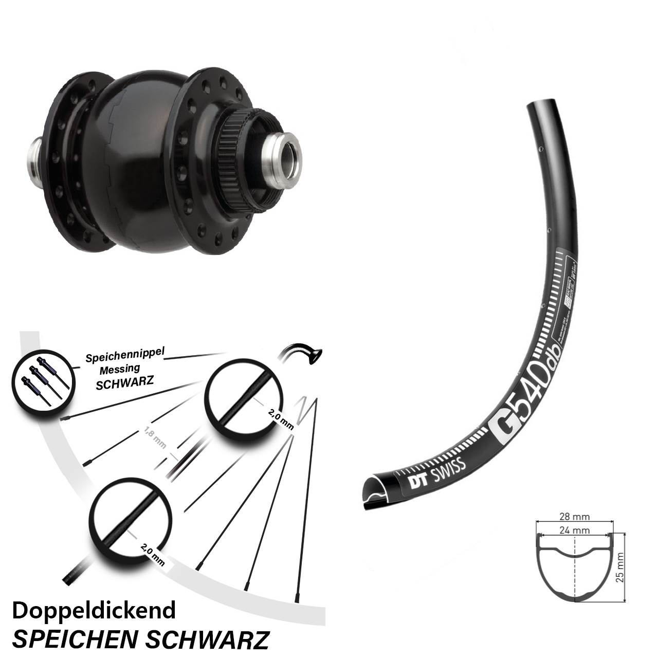 Nabendynamo Vorderrad SON delux DT Swiss G 540 28-29 Zoll für Steckachse