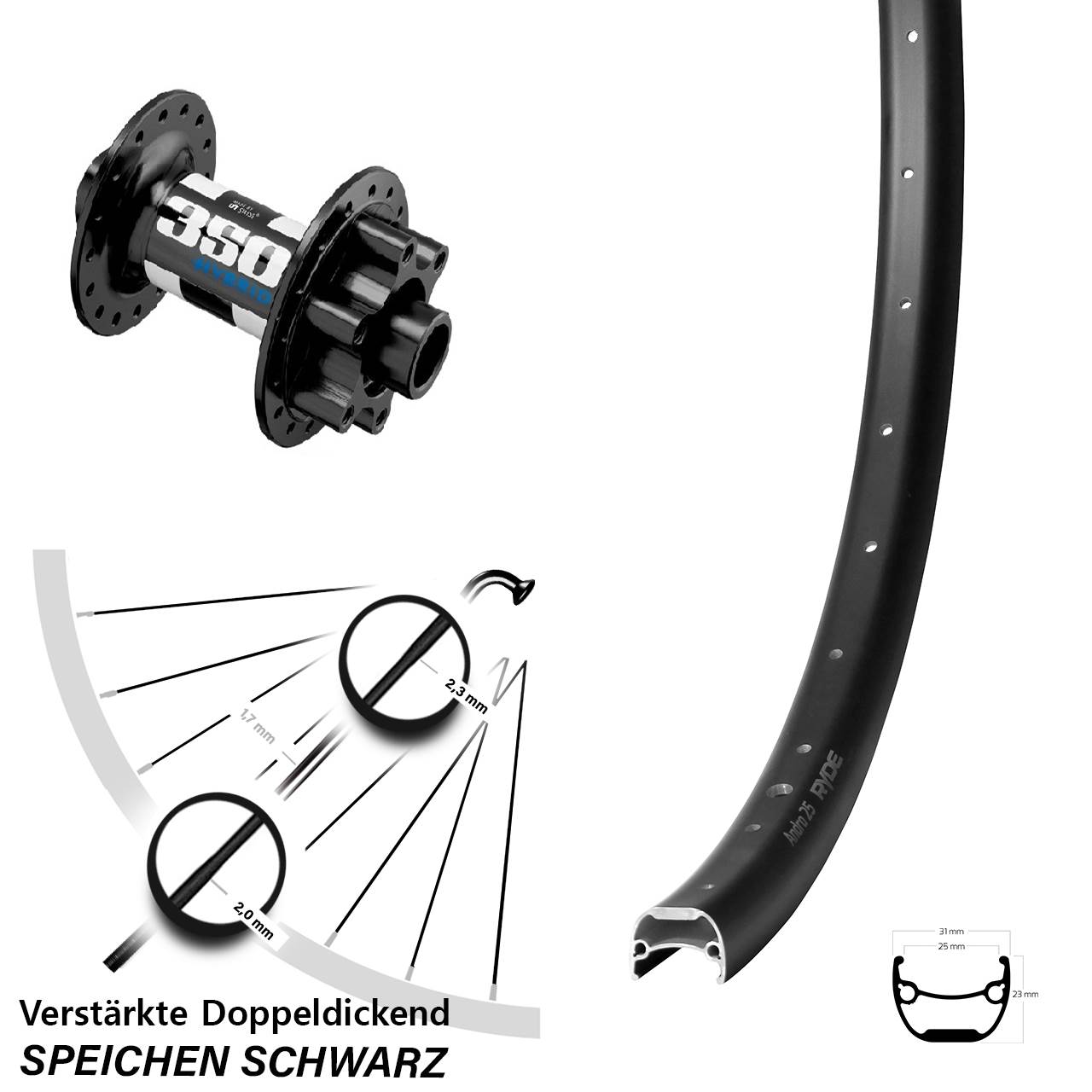 28/29 Zoll Laufrad Ryde Andra 25 DT Swiss 350 Hybrid R18 15x110 6-Loch