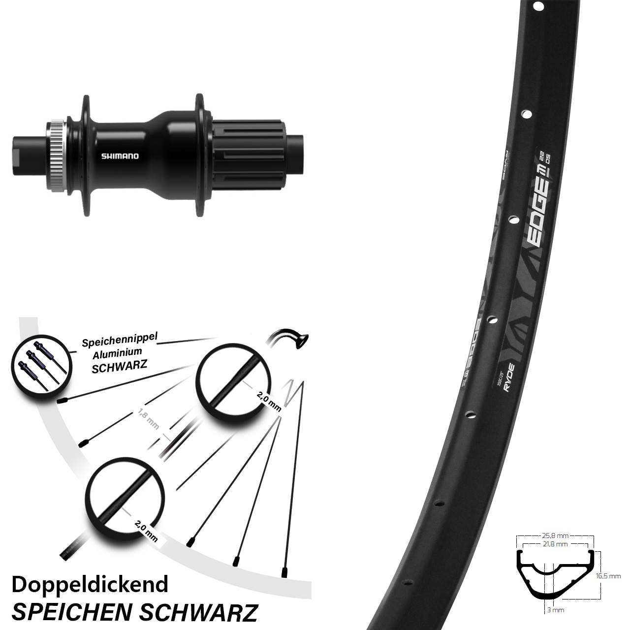 28-29 Zoll Ryde Edge M22 OS Shimano FH-TC500 Centerlock Hinterrad 12x142 11-12 fach HG