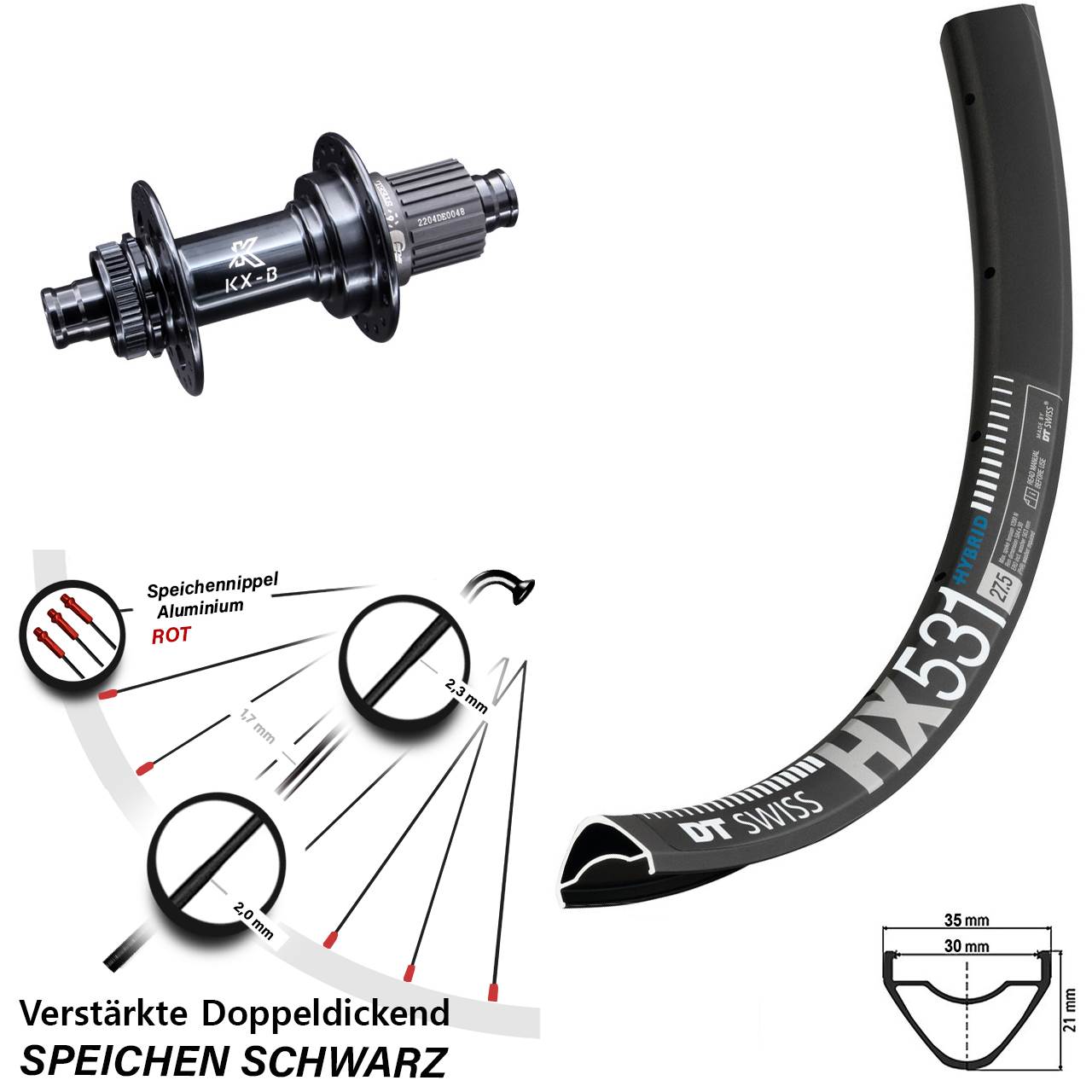29 Zoll Hinterrad KX-B 12x148 mm Boost Centerlock DT Swiss HX 531 verstärkt Micro Spline