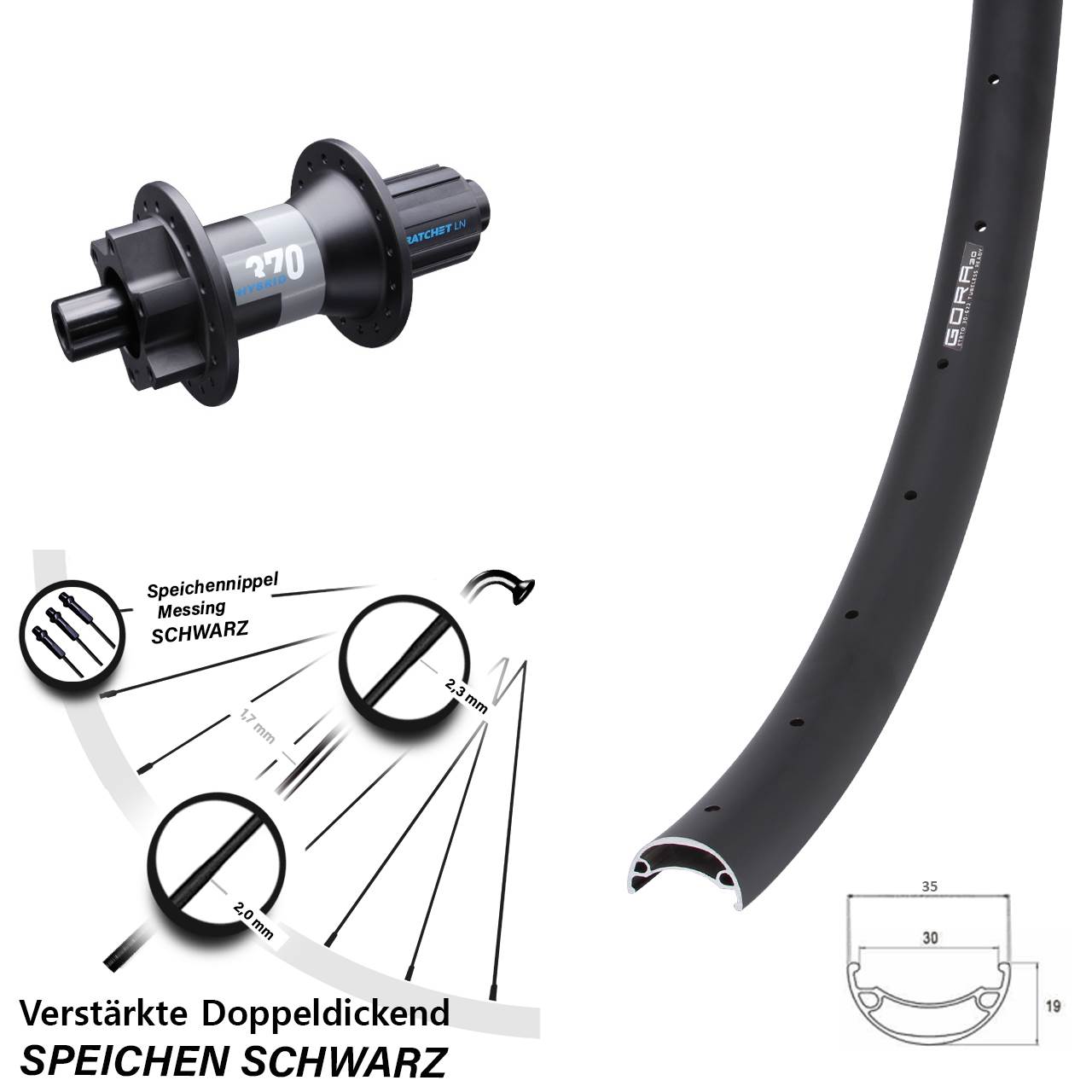 20 Zoll Gora 30 DT Swiss 370 Hybrid 6-Loch Hinterrad 12x148 8-11 fach