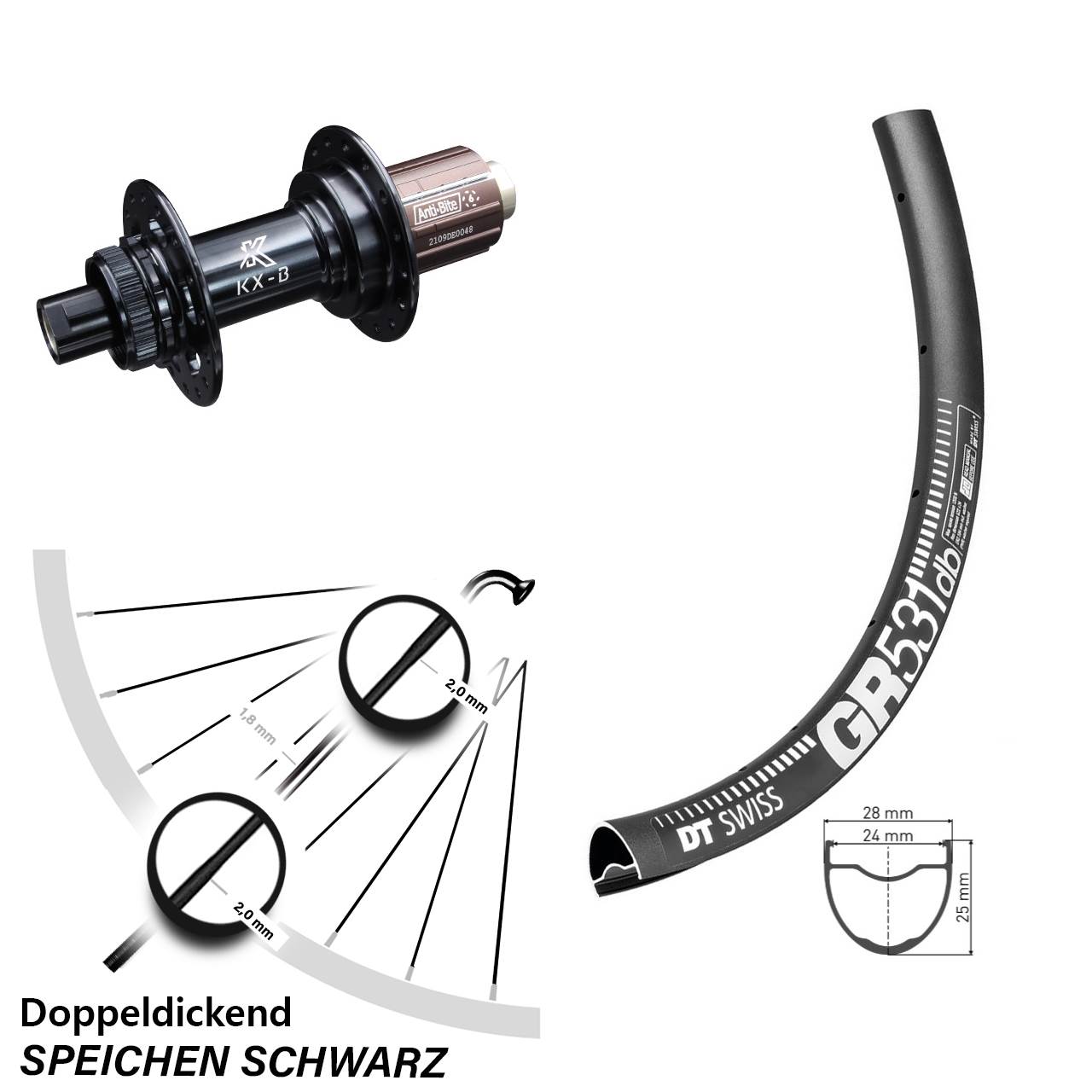 Laufrad 28 Zoll DT Swiss GR 531 Disc KX-B Centerlock 12x148 8-12 fach HG schwarz