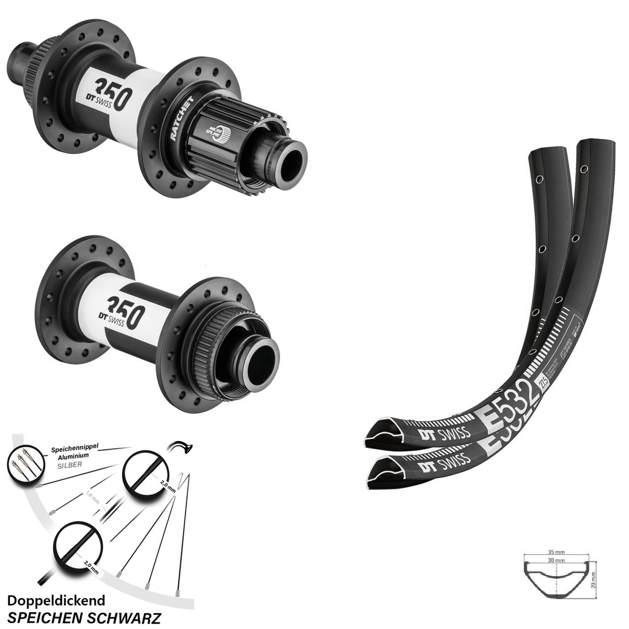 Centerlock Laufradsatz 27,5 Zoll E532 DT Swiss 350 Micro Spline 15x110 12x148 Boost