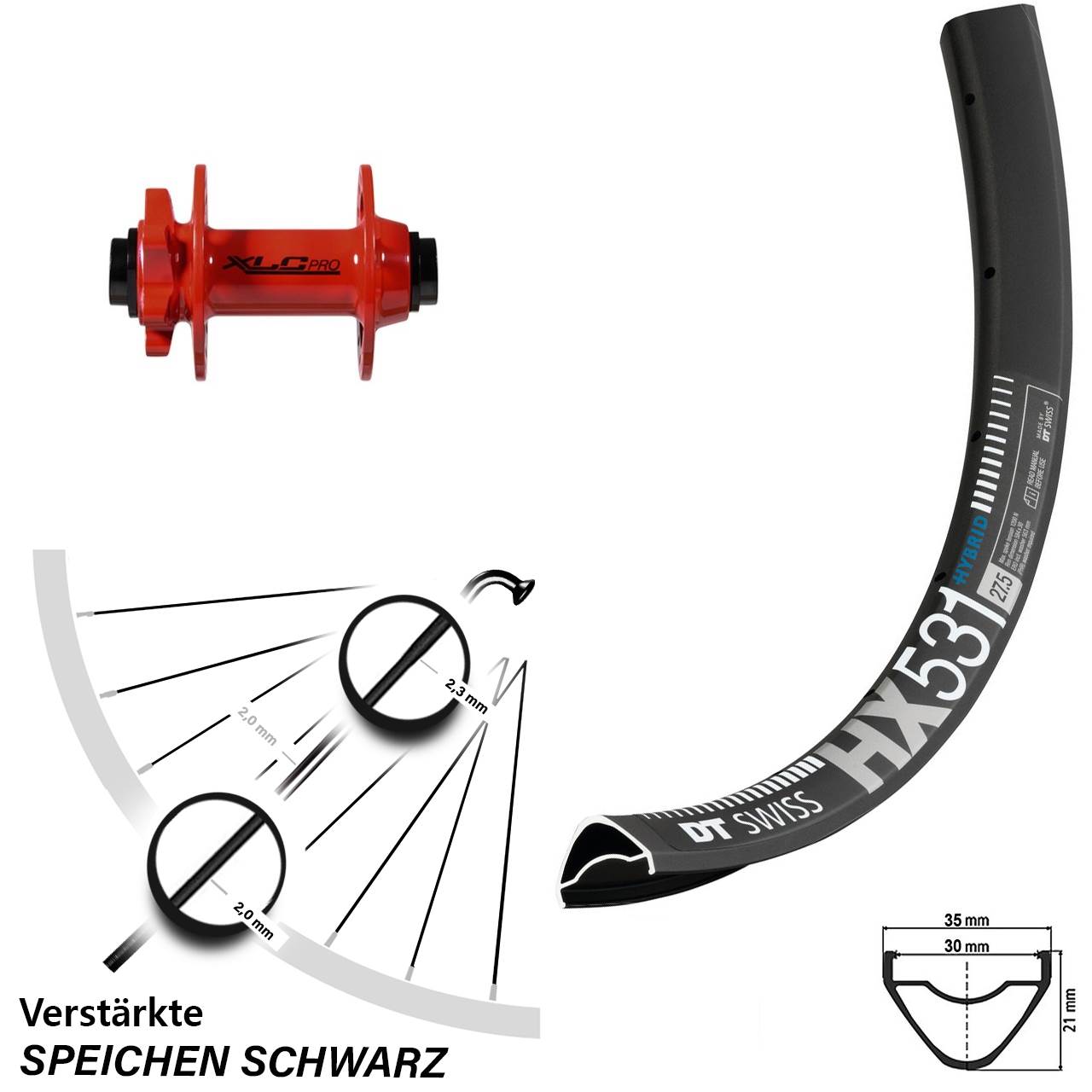 DT Swiss HX 531 Vorderrad 6-Loch 29 Zoll Nabe XLC Pro rot Steckachse 15x100 mm