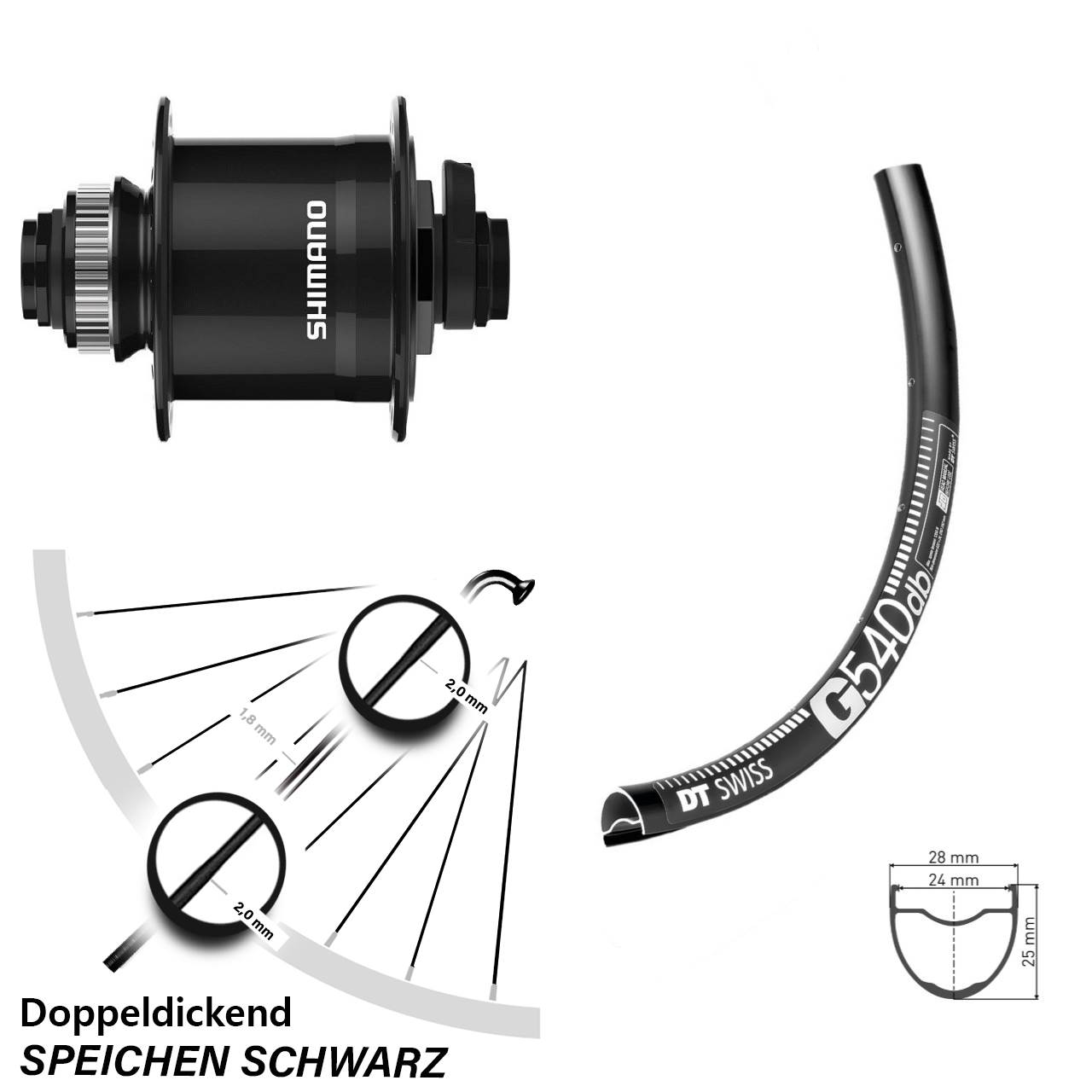 Nabendynamo-Vorderrad Centerlock 28 Zoll DT Swiss G 540 Shimano DH-UR708 15x100