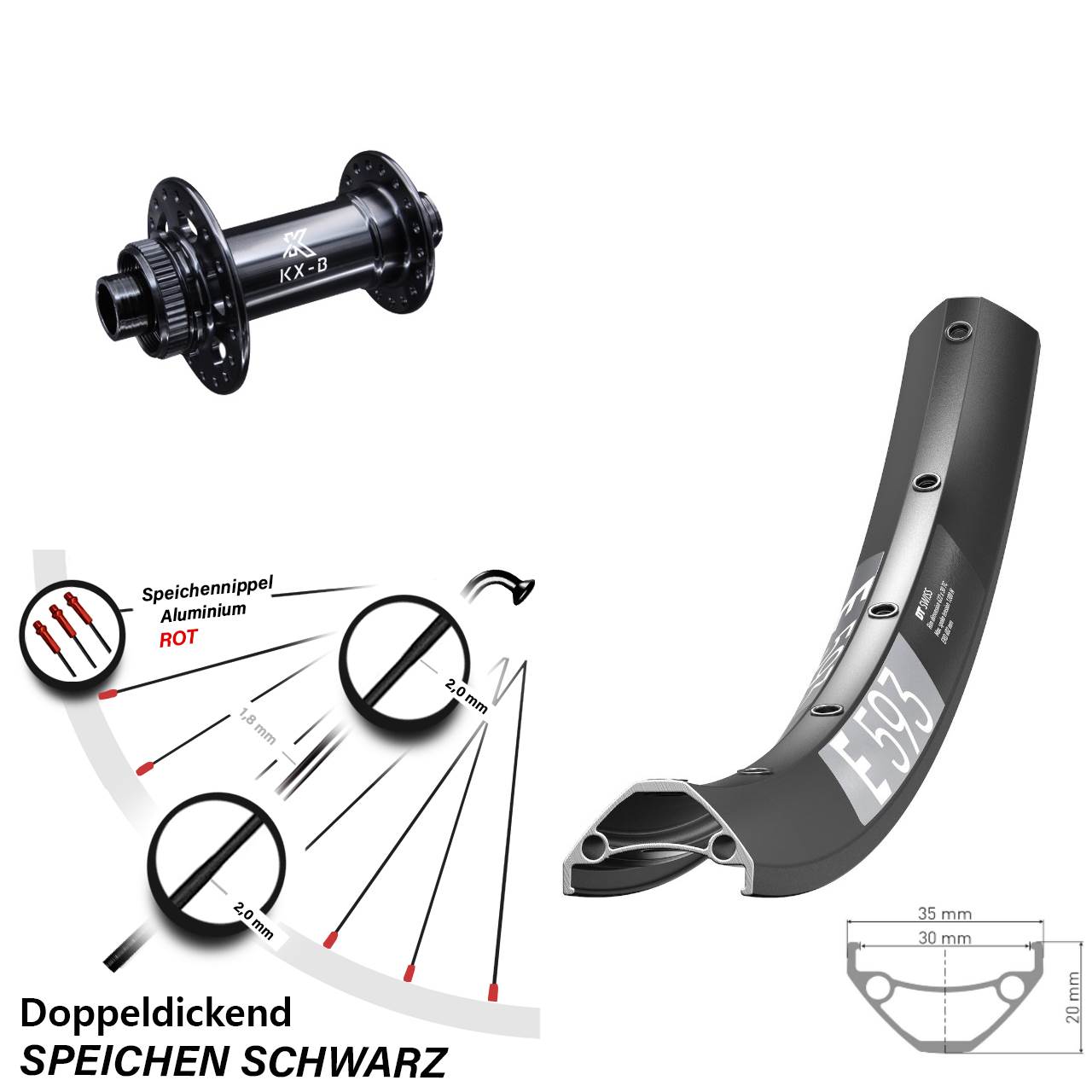 27,5 Zoll DT Swiss E593 Vorderrad KX-B Centerlock Boost