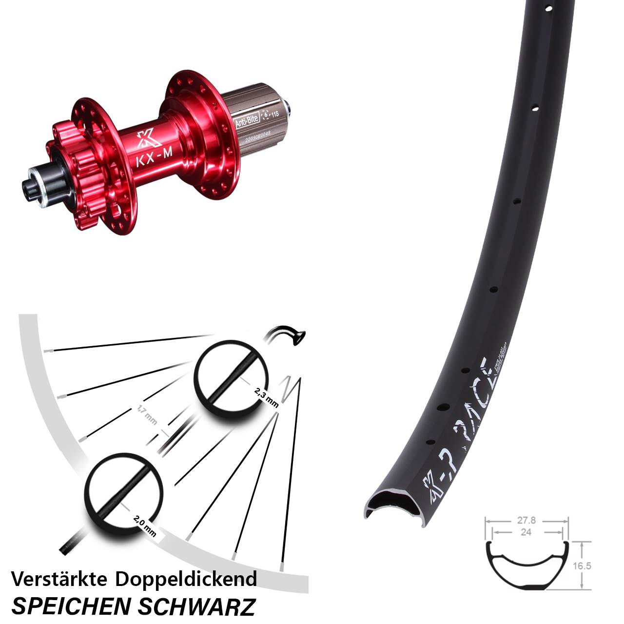 Disc Laufrad KX-R Race CC verstärkt rot 8-12 fach HG für Schnellspanner
