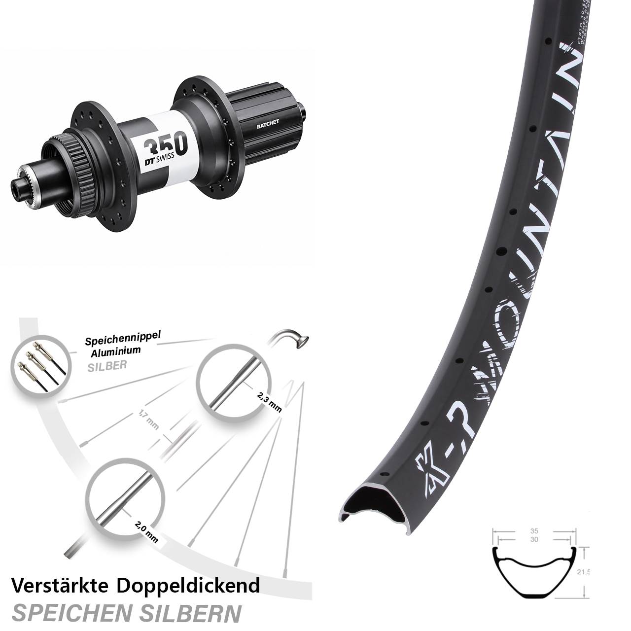 29 Zoll KX-R Mountain DT Swiss 350 Ratchet 36 Hinterrad für Schnellspanner 8-11 fach