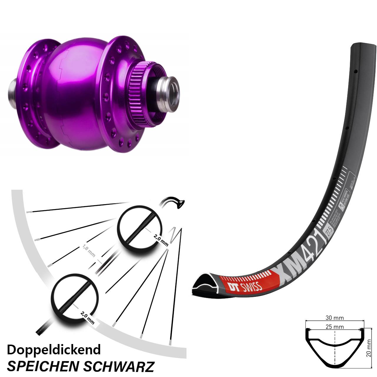 Laufrad 27,5 Zoll DT Swiss XM 421 Disc SON 28-12x100 Centerlock violett