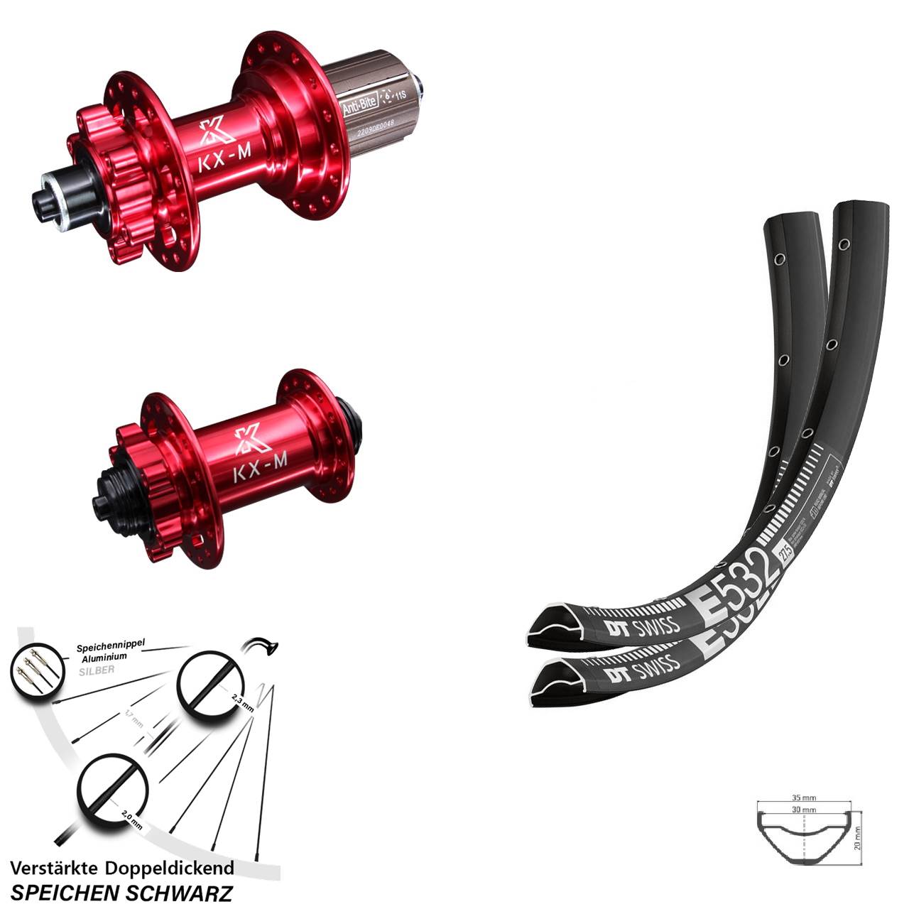 6-Loch Laufradsatz 29 Zoll DT Swiss E532 KX-M rot 8-12 fach HG für Schnellspanner