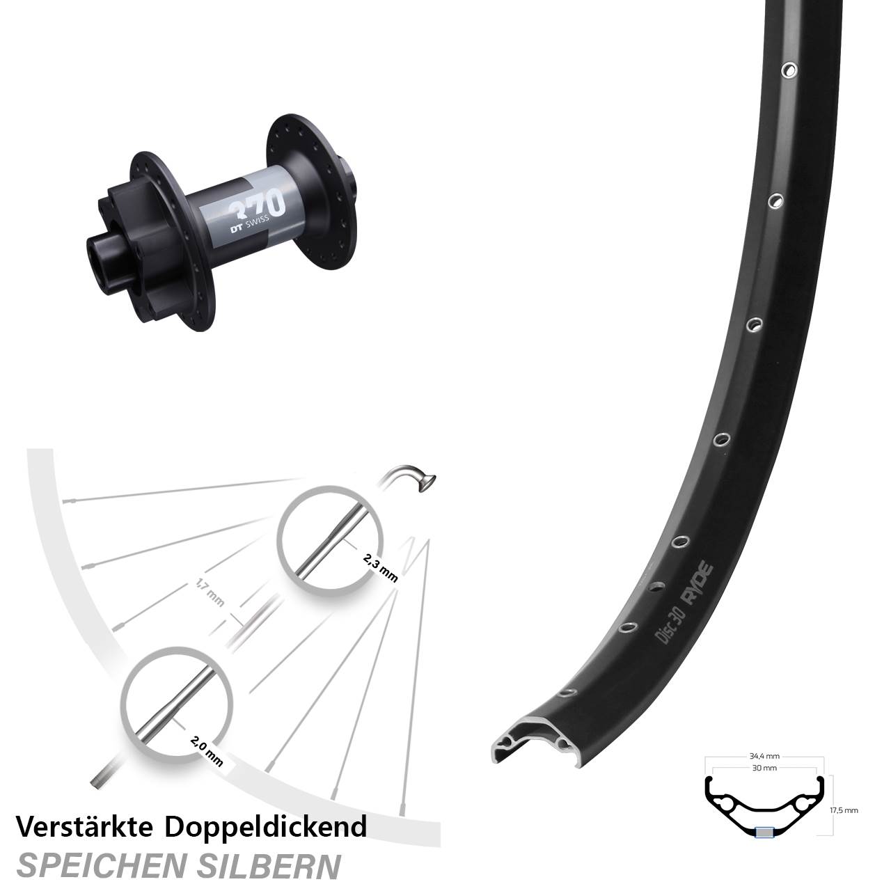 Vorderrad 29 Zoll Ryde Disc 30 DT Swiss 370 15x100