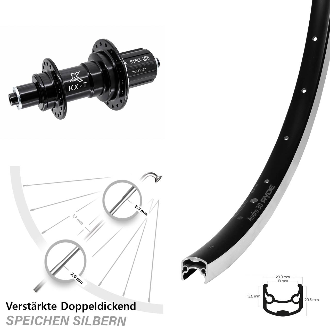 28 Zoll Ryde Andra 30 KX-T Heavy Duty Laufrad hinten für Schnellspanner 8-12 fach