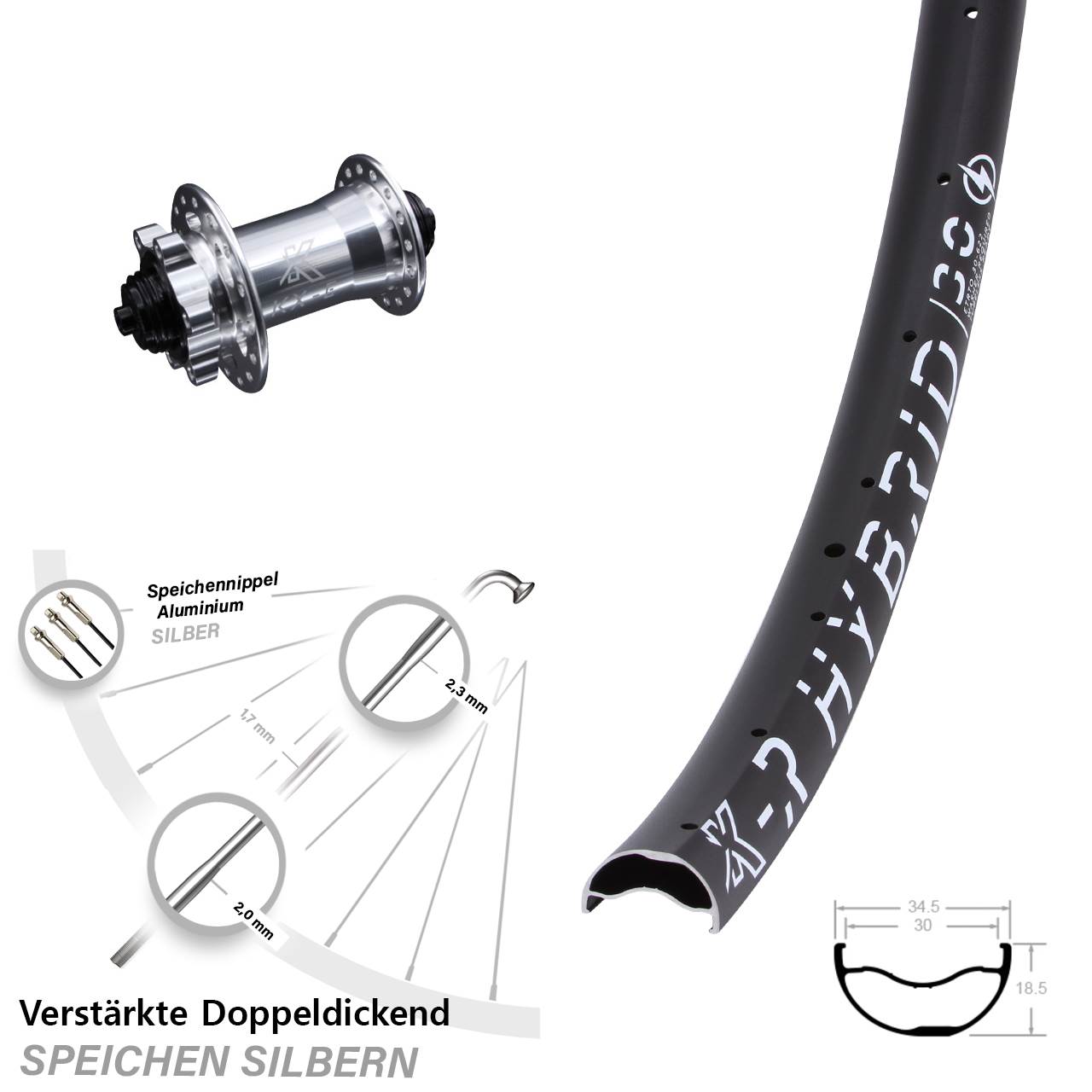 29 Zoll Vorderrad E-Bike silbern KX-ER Hybrid 30 Disc Schnellspanner verstärkt